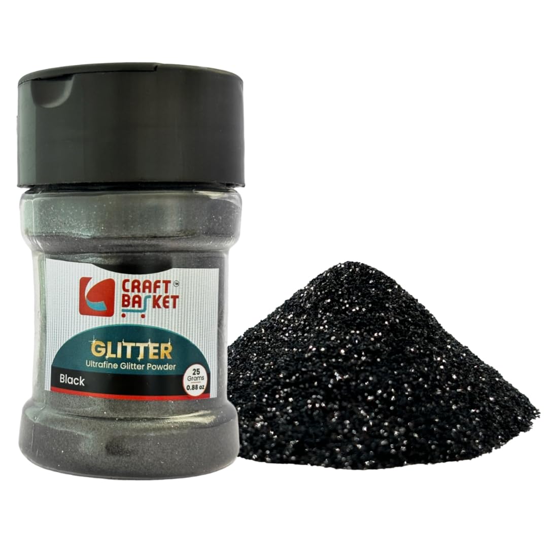 CRAFT BASKET® Ultra Fine Glitter for Art & Craft (50 Colours)(All Packs: 10 g,25 g,50 g,100 g,200 g,500 g) DIY Projects, Resin & Nail Art, Multi-Purpose Sparkle Glitter (Black, 25 g)