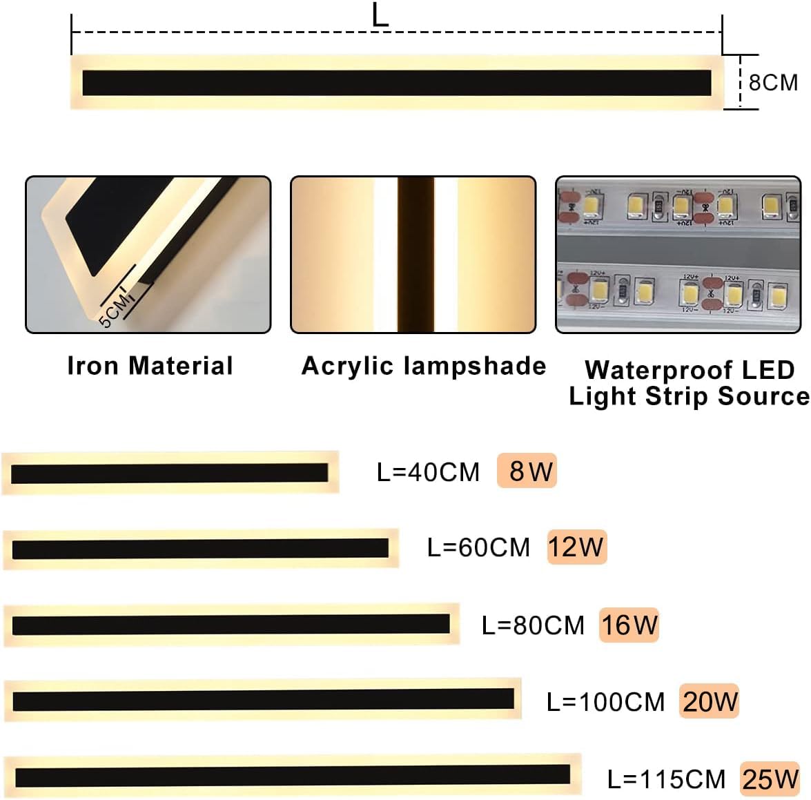 LED Wandleuchte Aussen,16W Dimmbar Wandlampe mit Fernbedienung,Wasserdicht Lange Wandleuchte Schwarz,Acryl Außenwandleuchten für Villa Garten Korridor Außenbalkon,80CM 110-240V