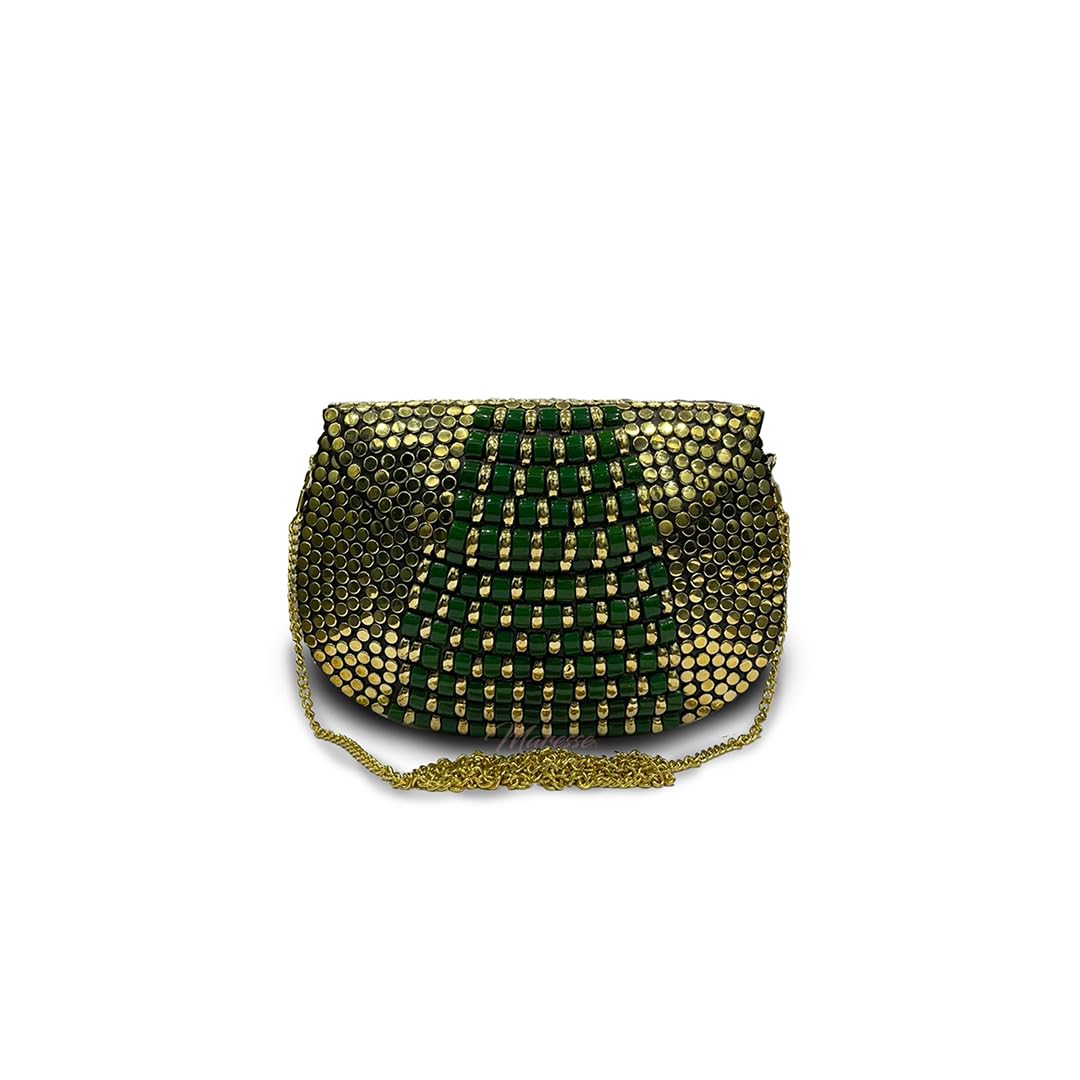 Ayashilp Bridal Womens Antique Brass Purse Ethnic Handmade Metal Clutch Bag (Color: Silver) (Gold-Green) (B0CKTWQBP9) Amazon Price History, Amazon Price Tracker