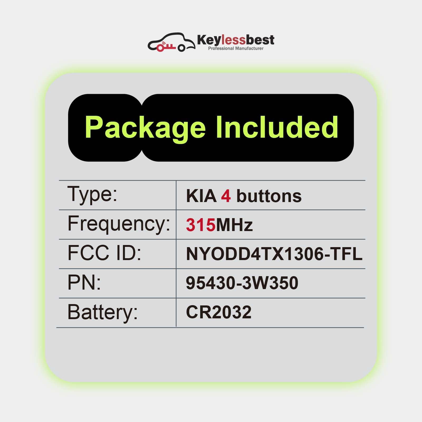 Telecomando di ricambio per Kia Sportage 2014 2015 2016 NYODD4TX1306-TFL 4 Pulsanti 315MHz