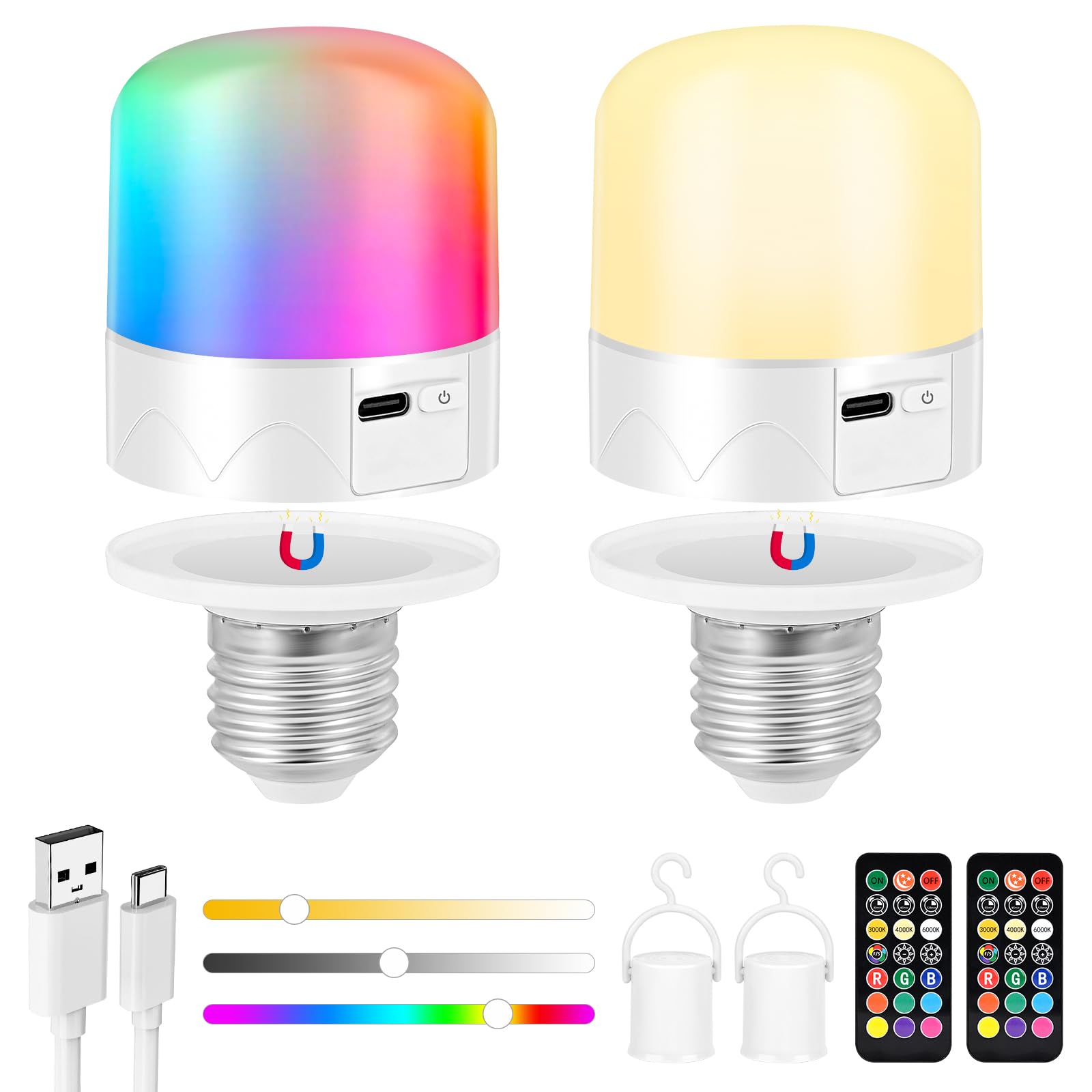 GuKKK Wiederaufladbare USB-Glühbirne mit Fernbedienung, 2 Stück RGB-LED-Leuchtmittel, dimmbar, 5 W, tragbar, wiederaufladbar, mit Timerfunktion, 2000 mAh, Notfalllicht, Camping mit Haken