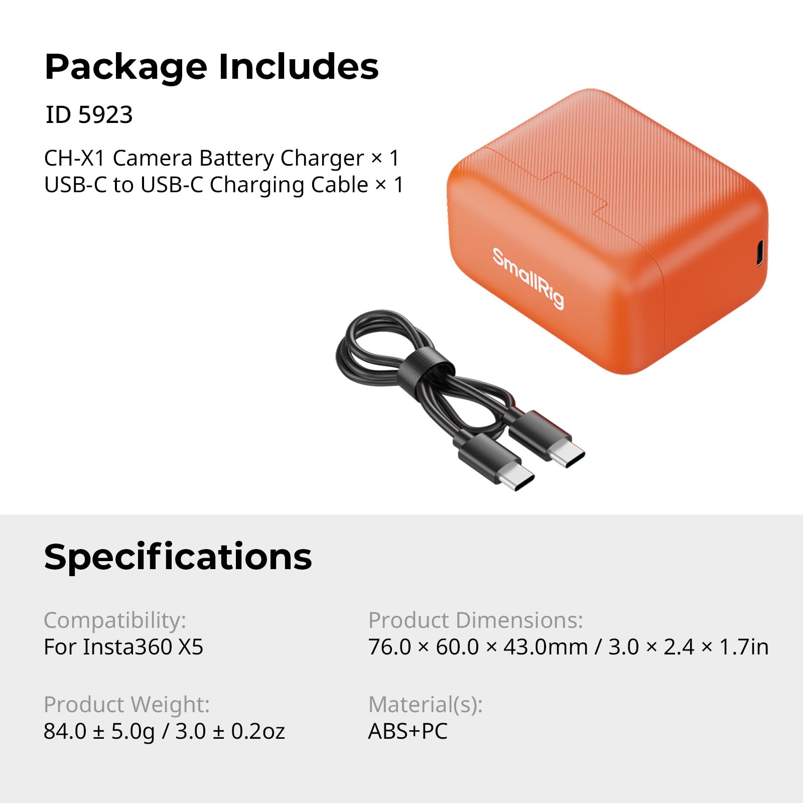 SMALLRIG Caricabatterie a 2 Canali per Insta360 X5, Ricarica Rapida in 1,3 ore, Compatto, con 2 Slot per Schede TF, Leggero, per Insta360 X5, Arancione - 5923