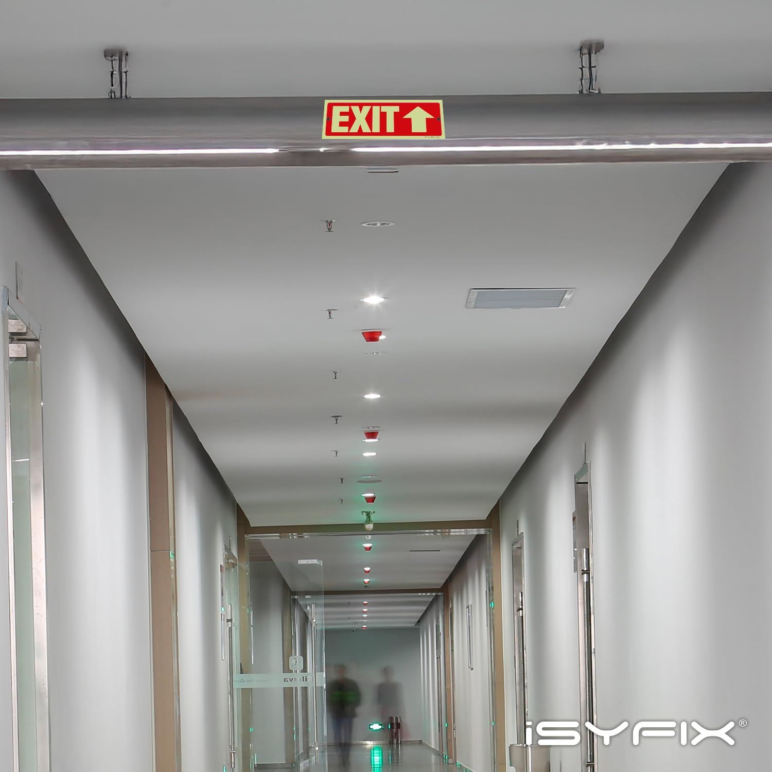 iSYFIX Señales de salida con flecha hacia arriba direccional, paquete de 12 unidades de 12 x 4 pulgadas que brillan en la oscuridad para negocios, escuela, oficina, almacén, poliestireno duradero de