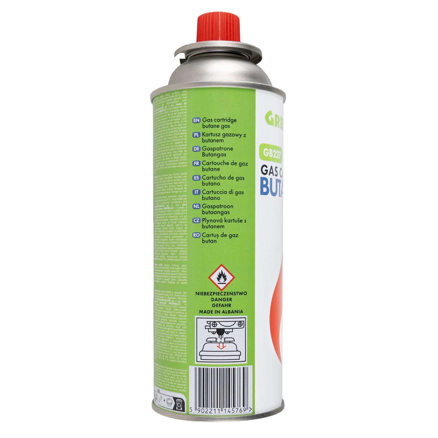 Green Blue GB227 Gaskartusche 227 g (386 ml) Butan, EN417, mit Gewinde, automatisches Ventil, wiederverwendbar, für Campingkocher | Einsatzbereich: -10 °C bis +40 °C (56, farblos)