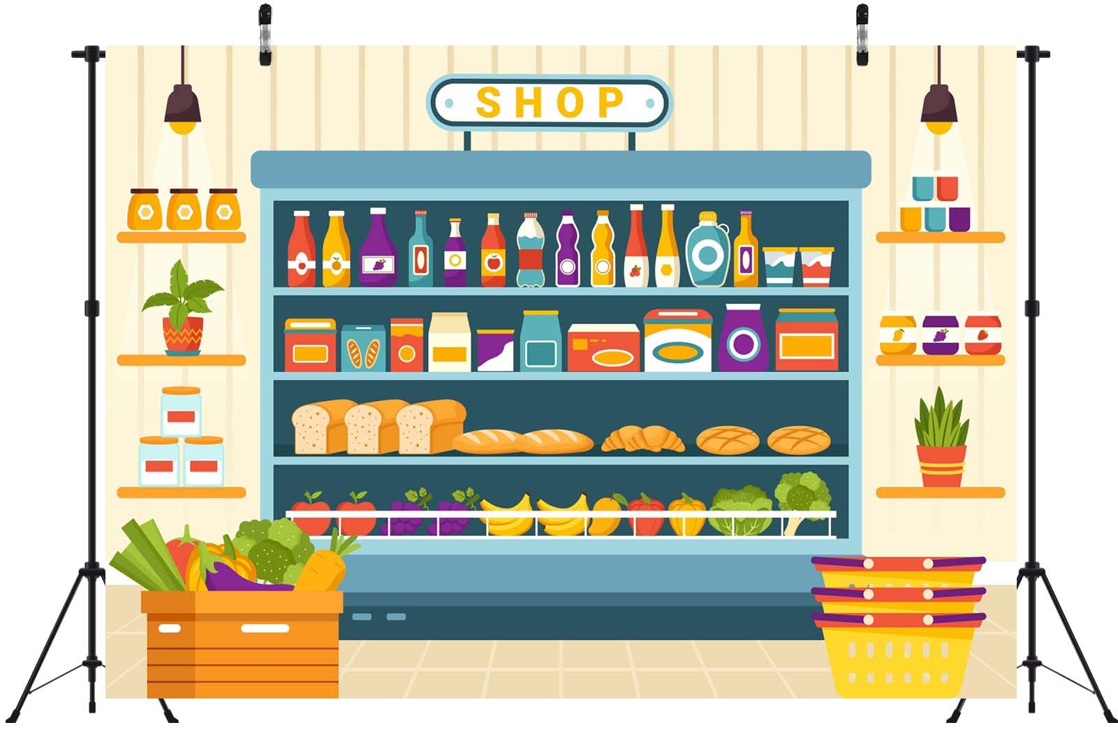 BELECO 6x3m Telo sfondo negozio di alimentari | Scaffale supermercato verdure frutta bevande sfondo tema shopping decorazione compleanno accessori foto