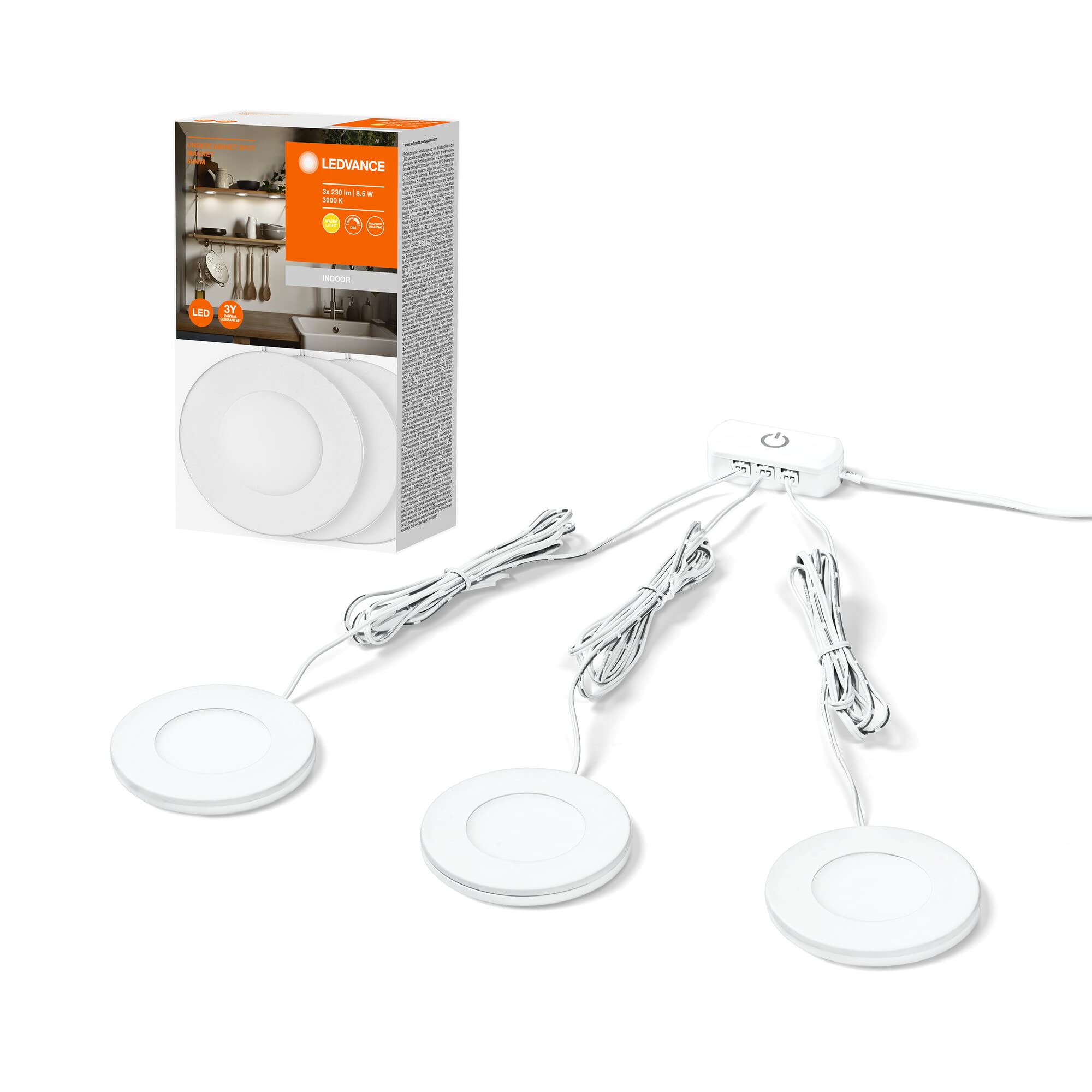 LEDVANCE Magnet undercabinet Light 75mm 830LEDV, 8.5W, 3x230lm, Round Design and Warm White Light (3000K), Set of Three undercabinet Lights with Integrated LED Module, IP20 Protection