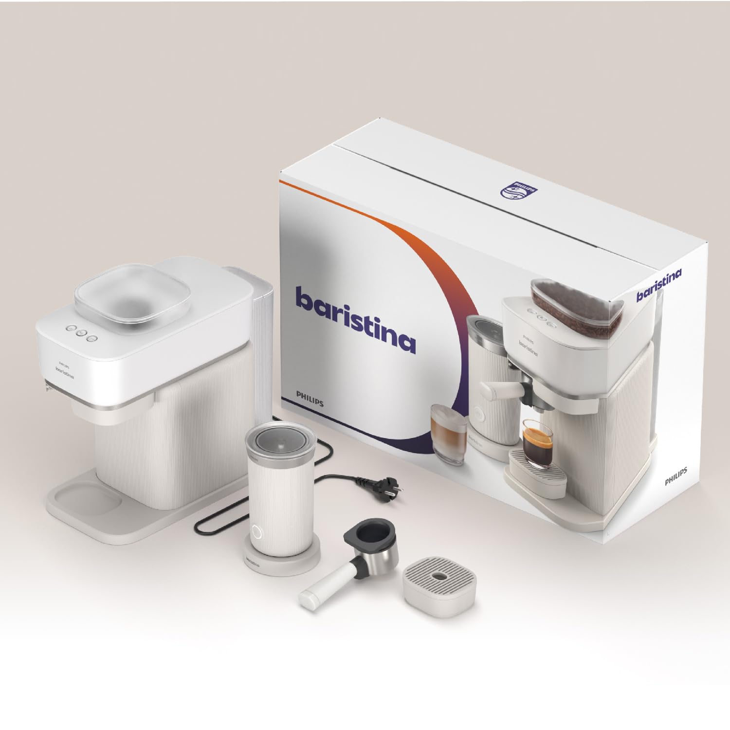 Philips Baristina Espressomaschine und Milchaufschäumer Paket –Automatisches Mahlen, Tampen & Brühen, 16 Bar, Kaffeemaschine mit Mahlwerk & Siebträger, leichte Reinigung, Naturweiß (BAR308/00)
