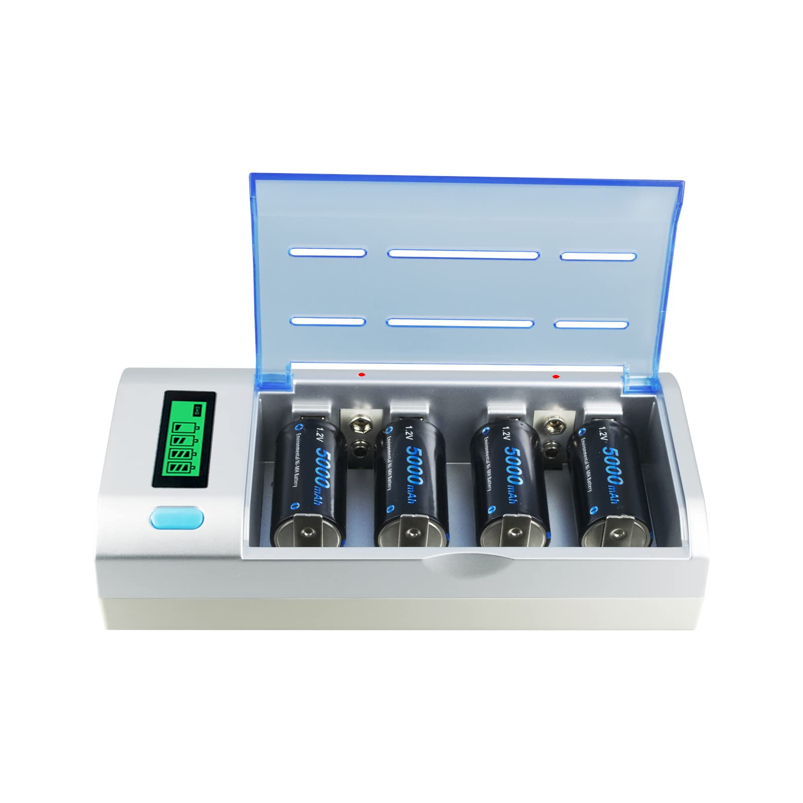 CITYORK Chargeur de Batterie Universel pour écran LCD avec Fonction de décharge pour Batteries AA, AAA, C, D, 9V NI-MH NI avec 4 Batteries NI-MH C Taille 5000mAh