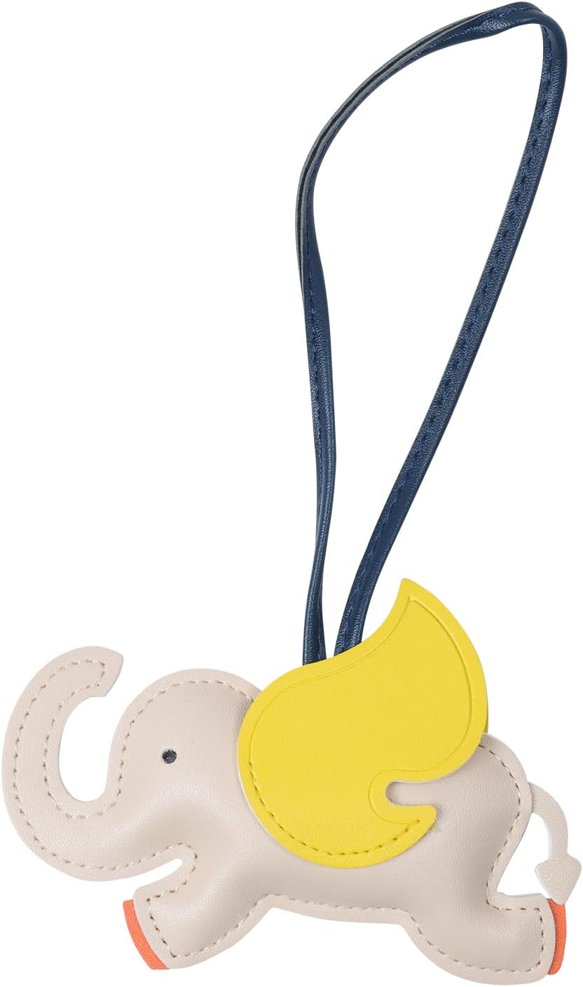Cute Elephant Bag Charm Keychain, Faux Leather, 8.66 x 4.7 inches, Beige with Yellow Accents