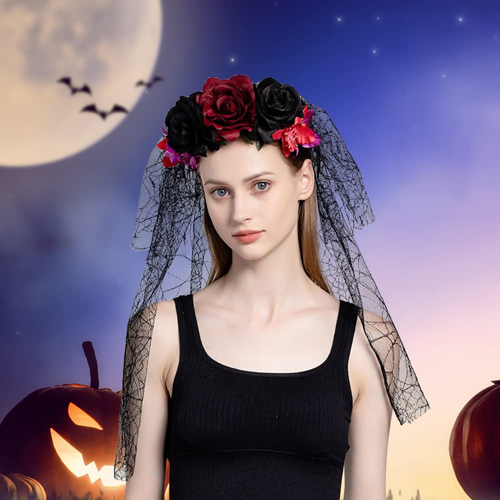 Halloween Schleier Mit Rosen – Gothic Blumen Stirnband Für Kostümparty, Tag Der Toten & Cosplay