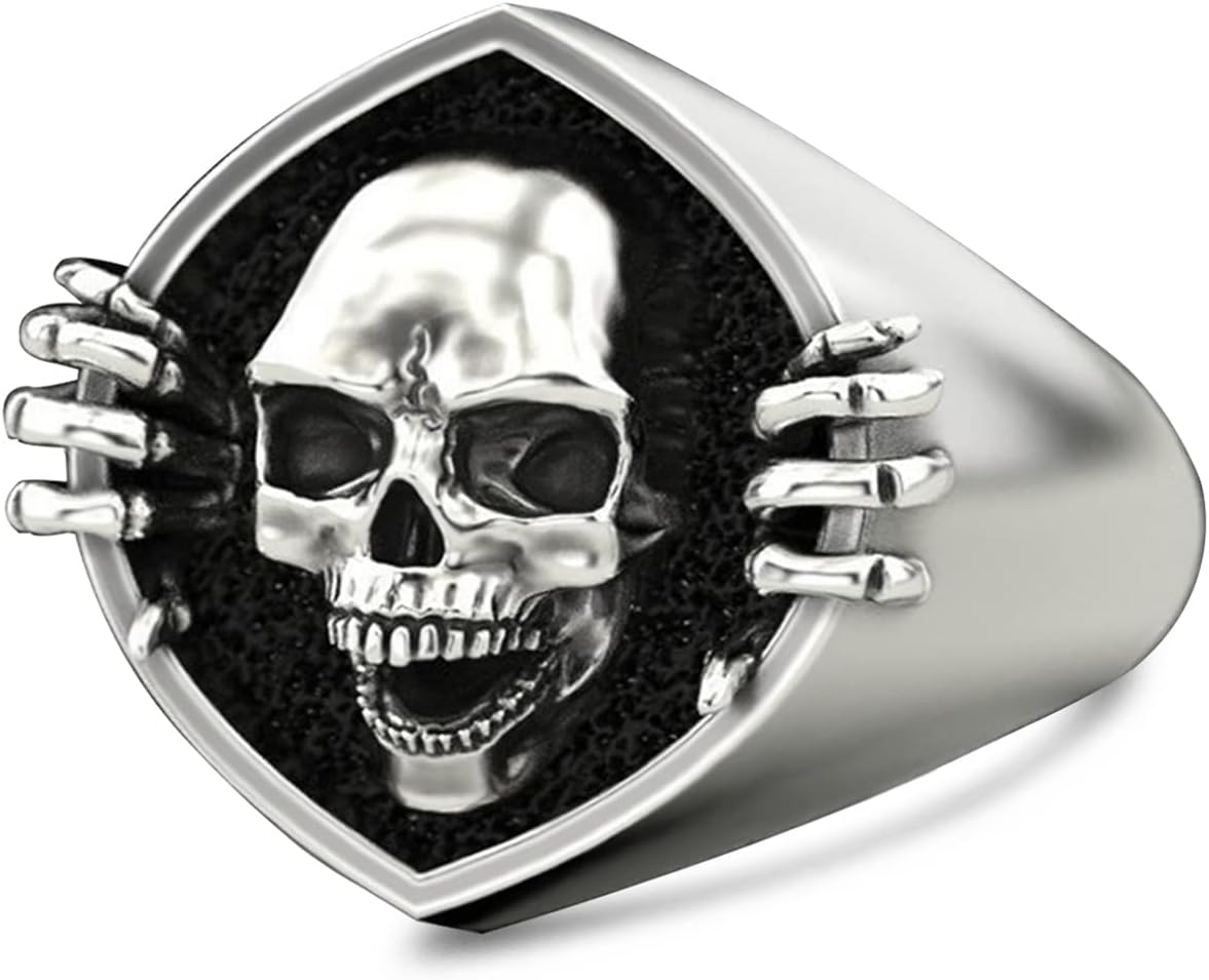 HAIXIAN Unisex S925 Sterling Silver Retro Skull Ring Jewelry for Women Men