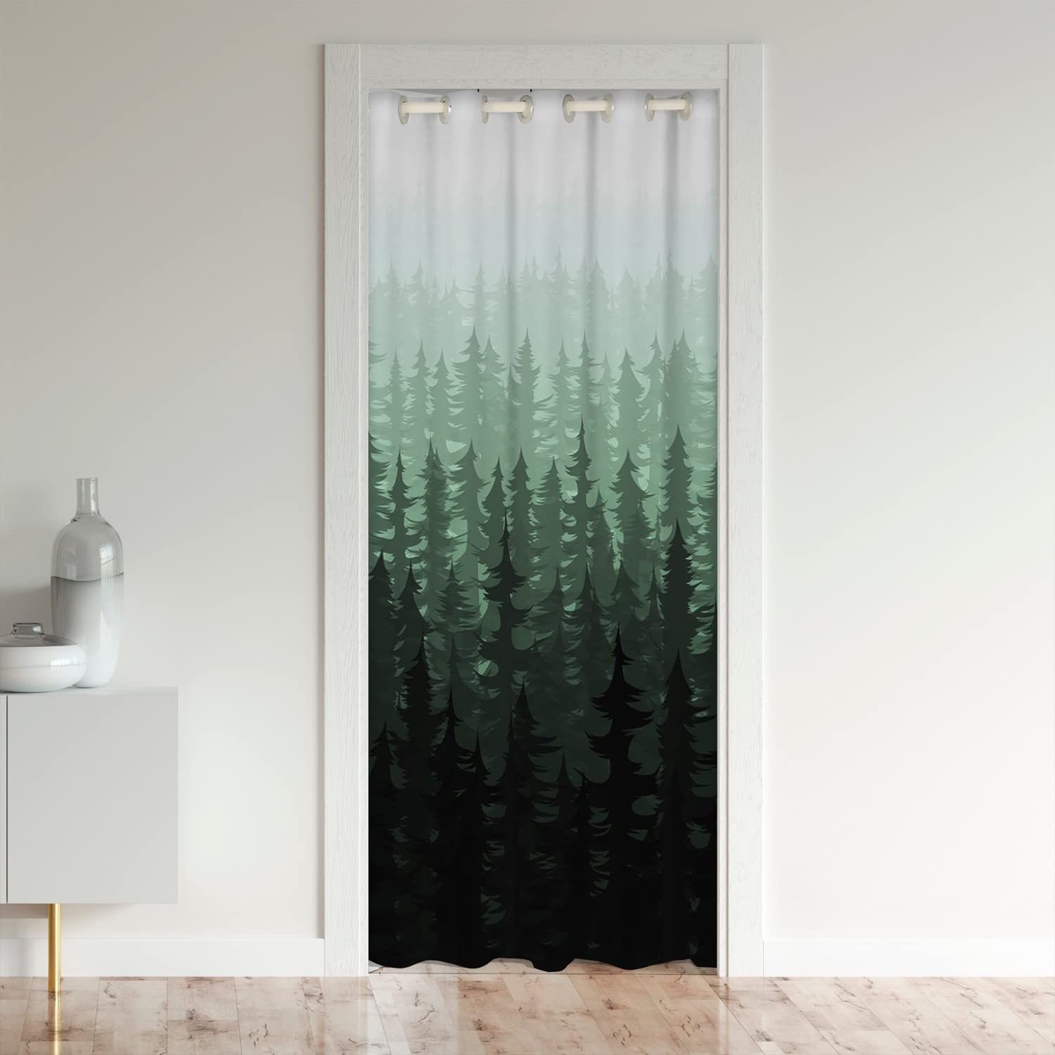 Rideau de séparation de pièce vert 86x203 cm avec motif forêt brumeuse pour porte de placard