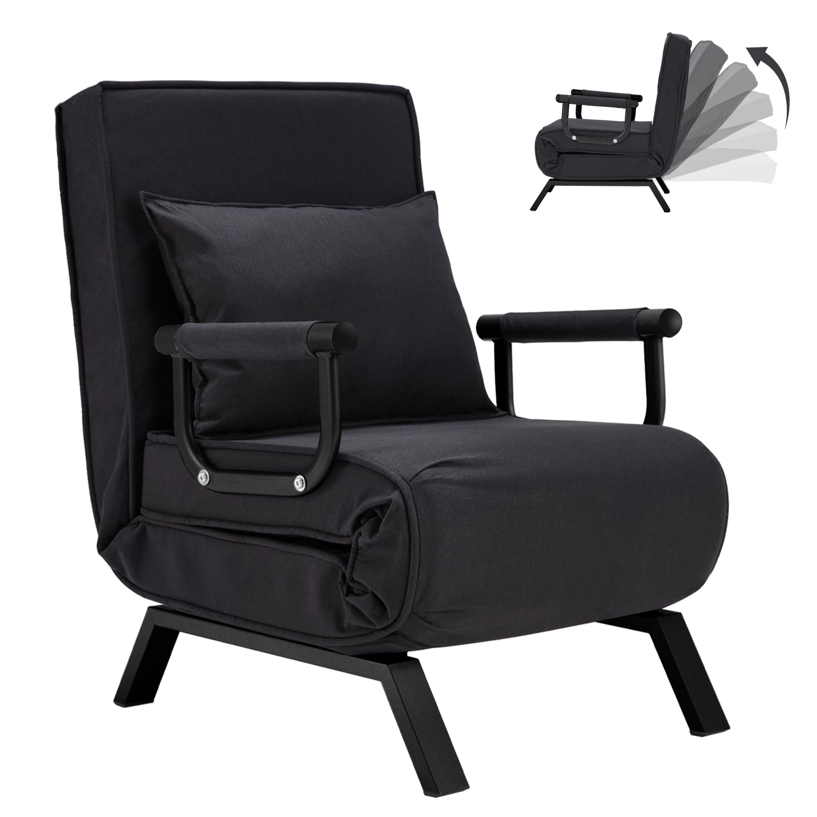 Convertible Sofa Bed Sleeper Chair,Single Person Chaise Lounge Couch with Pillow,Upholstered Lazy Bed with 6 Angles Adjustable Backrest,Folding Sofa Arm Chair for Apartment/Office/Home (Black)