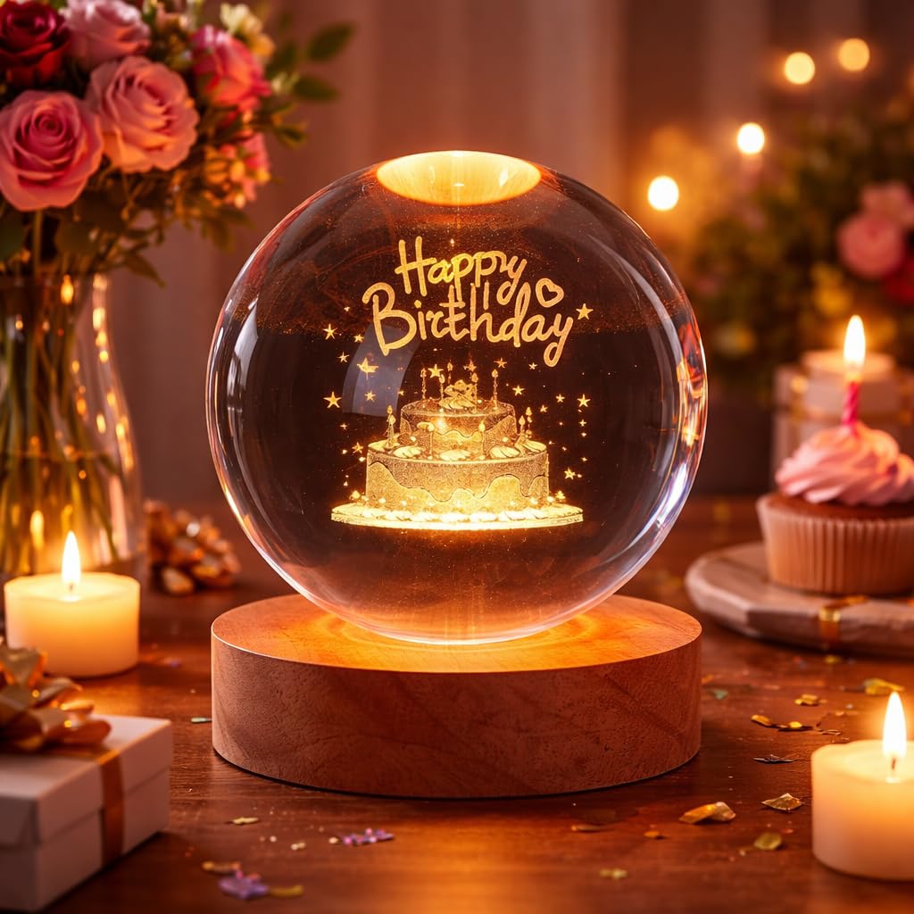 Happy Birthday 3D Crystal Ball Lamp | Laser Engraved Crystal Globe | USB Powered LED Night Light with Wooden Base for Bedroom & Home Decor | Unique Birthday Gift for Mom, Dad, Kids & Friends-image-48