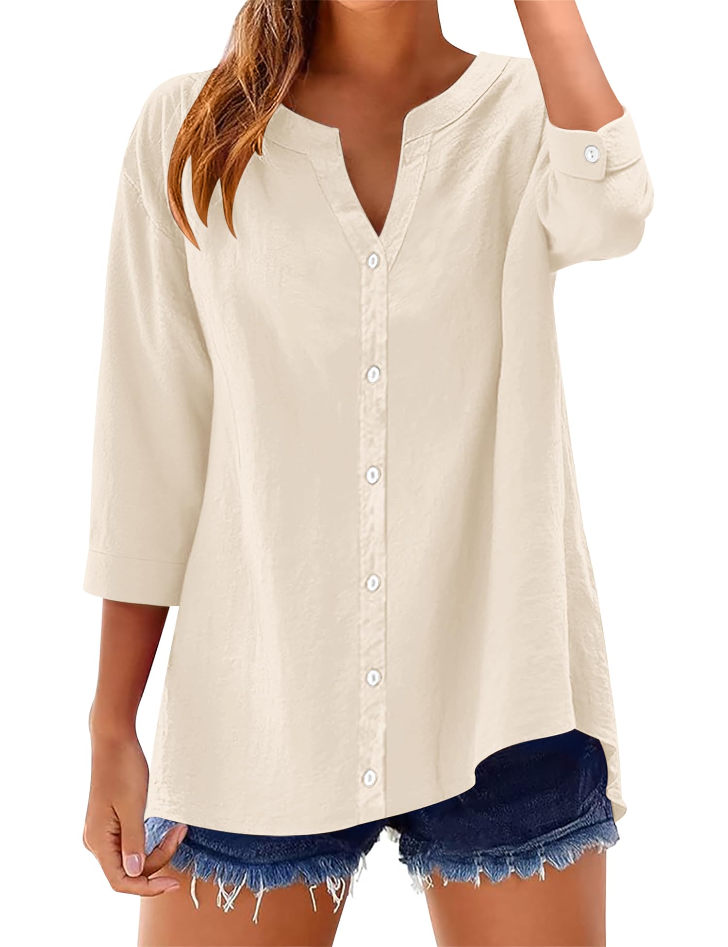 Rapbin Damen Bluse 3/4 Ärmel Baumwolle Leinenbluse V-Ausschnitt Knopfleiste Uni Tunika Hemd Casual Locker Aufrollbare Ärmel