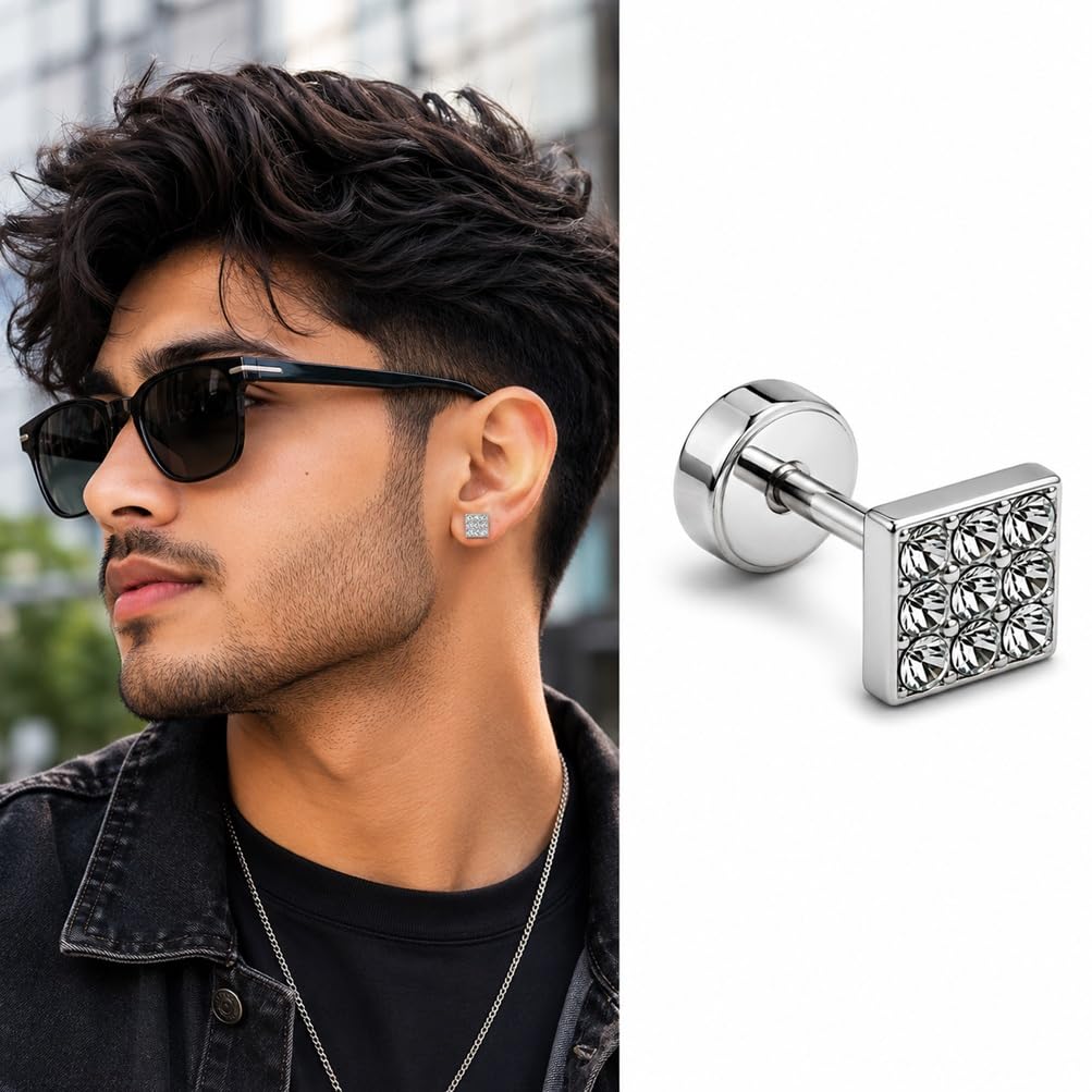 zivya Men Silver Square Ear Earrings & Studs, Premium Crystal Stud, Lightweight & Trendy Daily Wear for Boys-picture-11