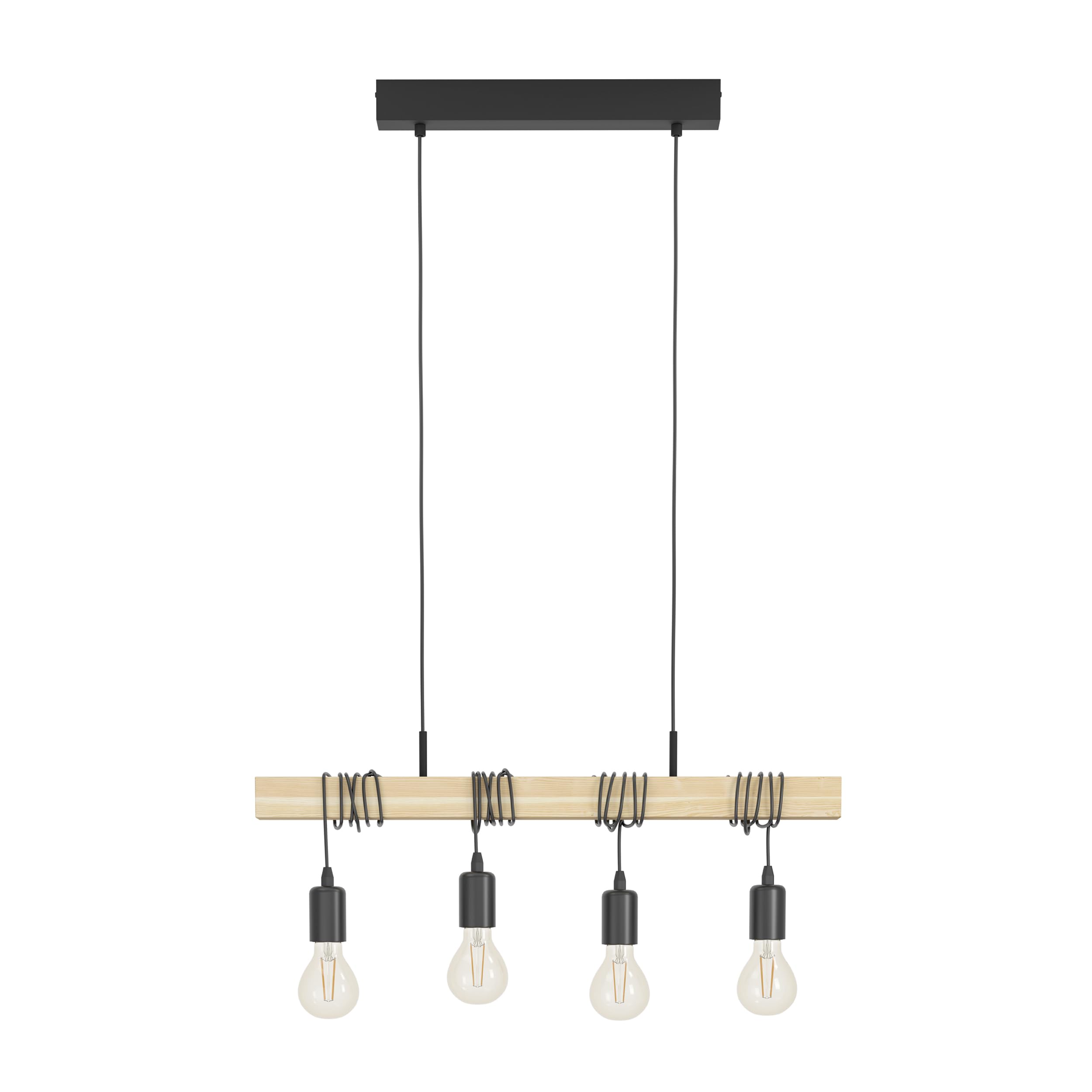 Eglo TOWNSHEND Black Metal & Natural Wood Exposed Bulbs 4-Light Pendant Light