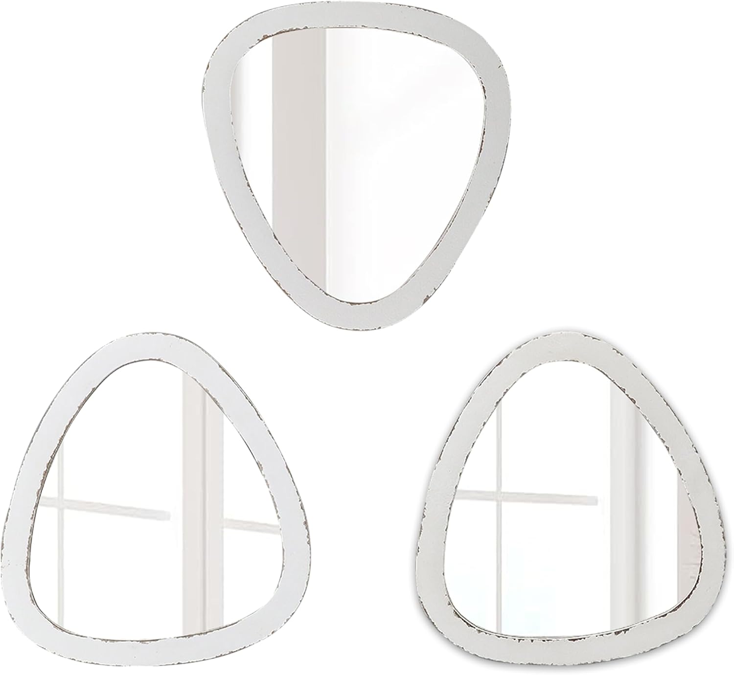 Rustic Small Oval Decorative Mirrors for Wall 11 Inch, Set of 3 Hanging Distressed Finish White Wooden Framed Irregular Entryway Mirrors for Wall Decor Living Room Bedroom Hallway