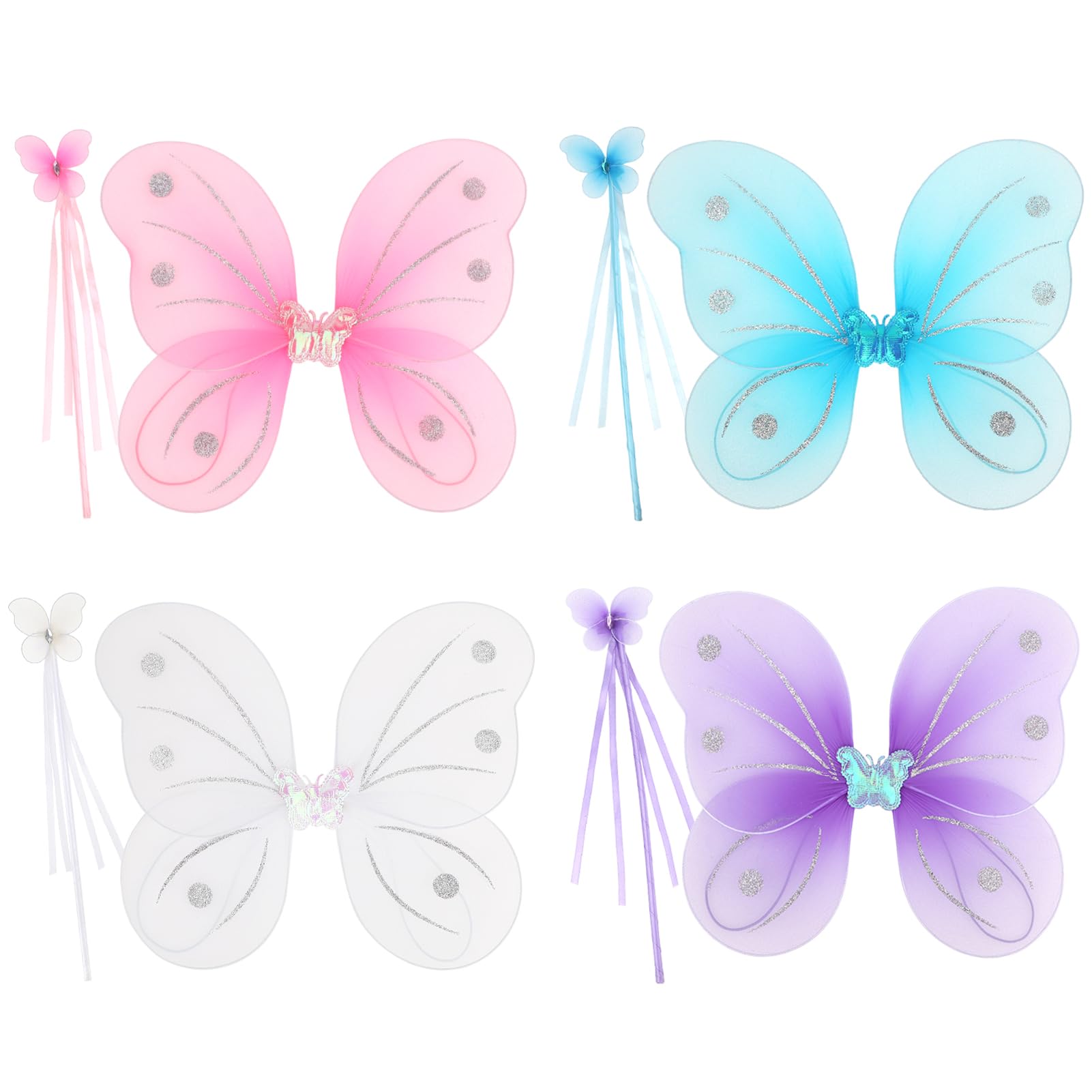 kilofly 4 Sets Angel Butterfly Wings Fairy Wands Princess Dress Up Costume