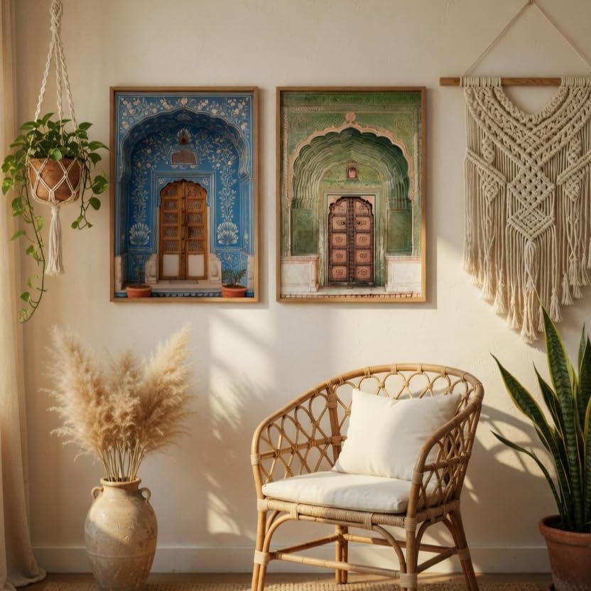 Image of Livin'luxe Indian Heritage Door Architecture Wall Painting Set of 2 with Wooden Frames | Vintage Haveli Arch Door Artwork HD Sparkle Laminated MDF Wall Decor for Living Room Bedroom Hallway