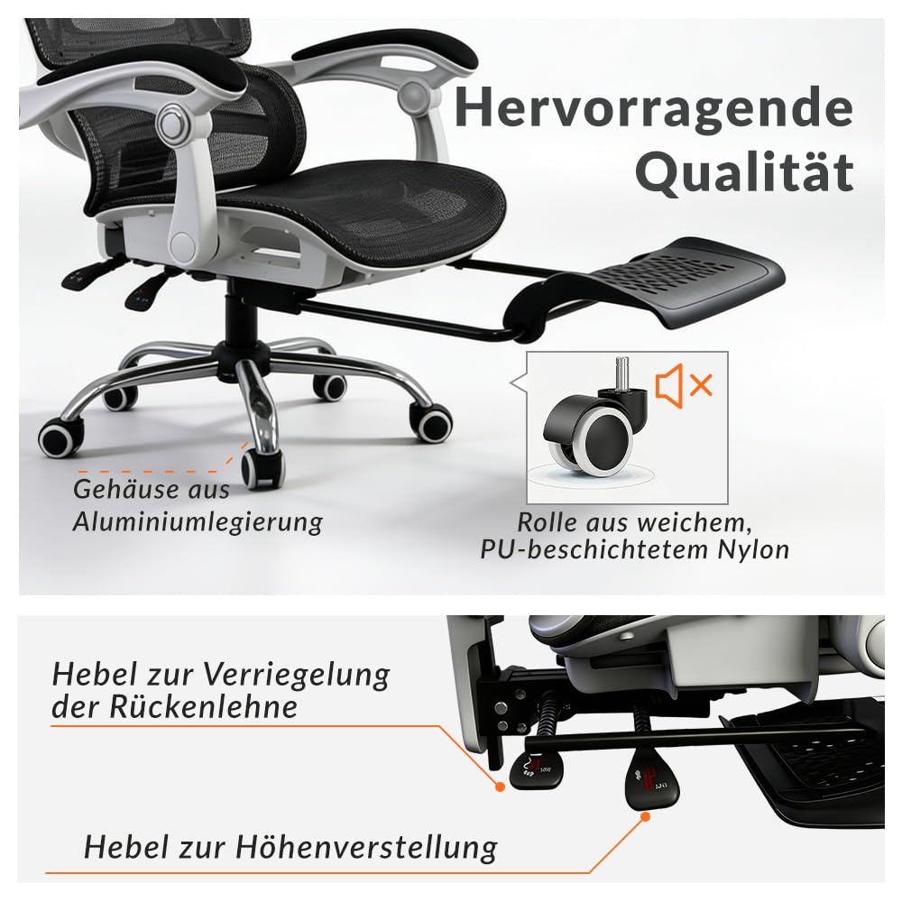 Sedia da ufficio ergonomica con forte supporto lombare regolabile, in rete traspirante, con ampia seduta, poggiapiedi, stabile scrivania per computer (bianco)
