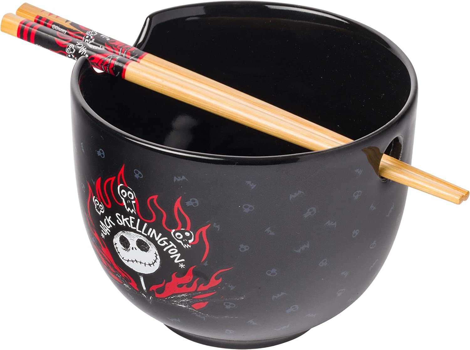 Silver BuffaloNightmare Before Christmas Text and Flame Ceramic Ramen Bowl with Chopsticks, 20 Ounces