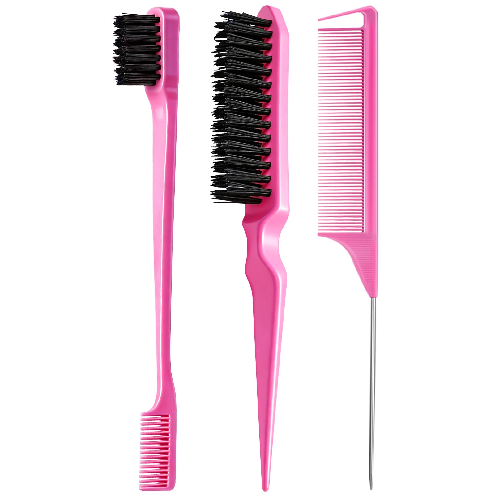 Goiple 3 Pieces Hair Styling Comb Set Teasing Hair Brush Rat Tail Comb Edge Brush for Edge&Back Brushing, Combing, Slicking Hair for Women (Pink)