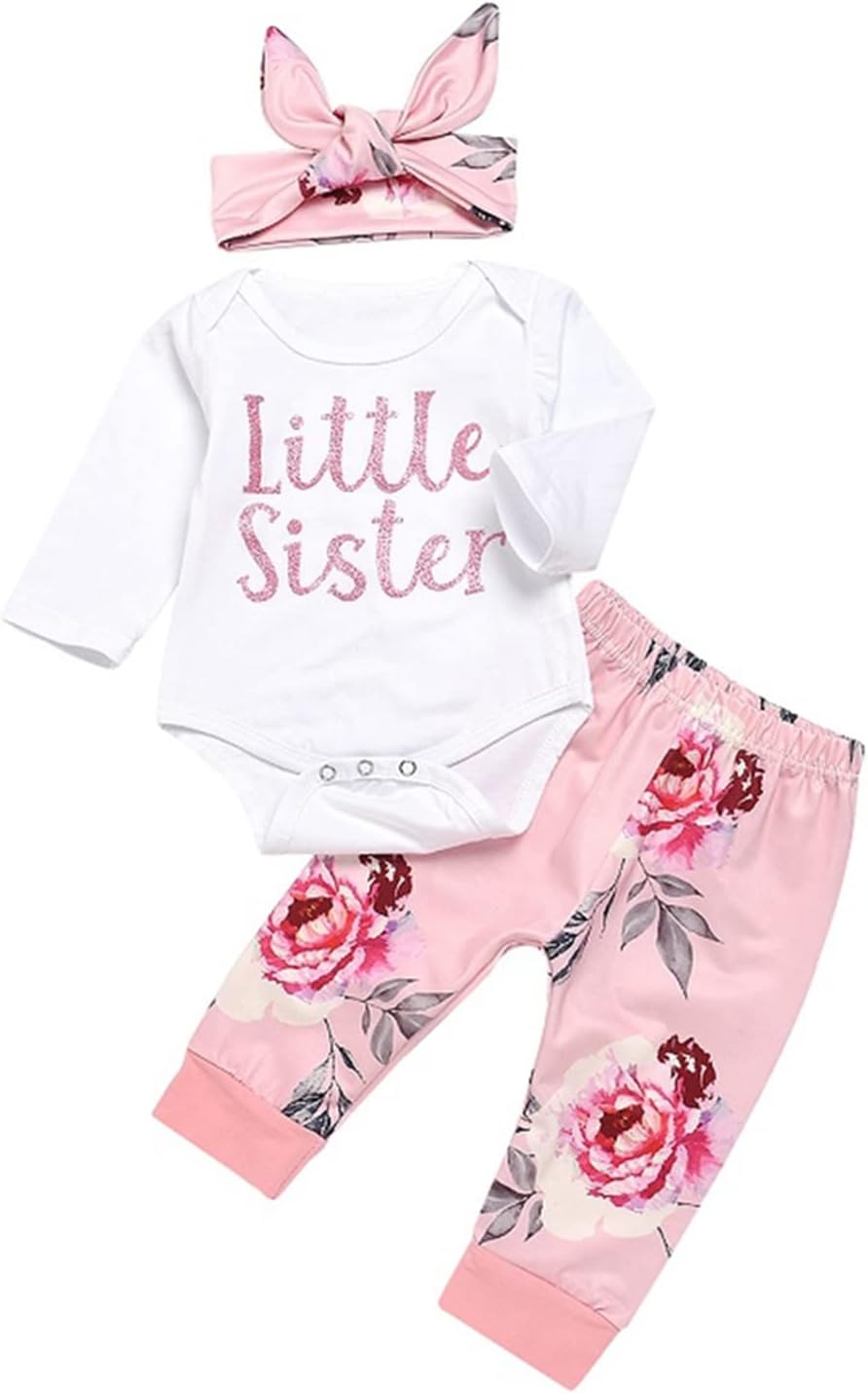 Baby Girl Clothes Set Newborn Outfit Little Sister Romper Top and Rose Printed Pant and Headband 3 Pieces