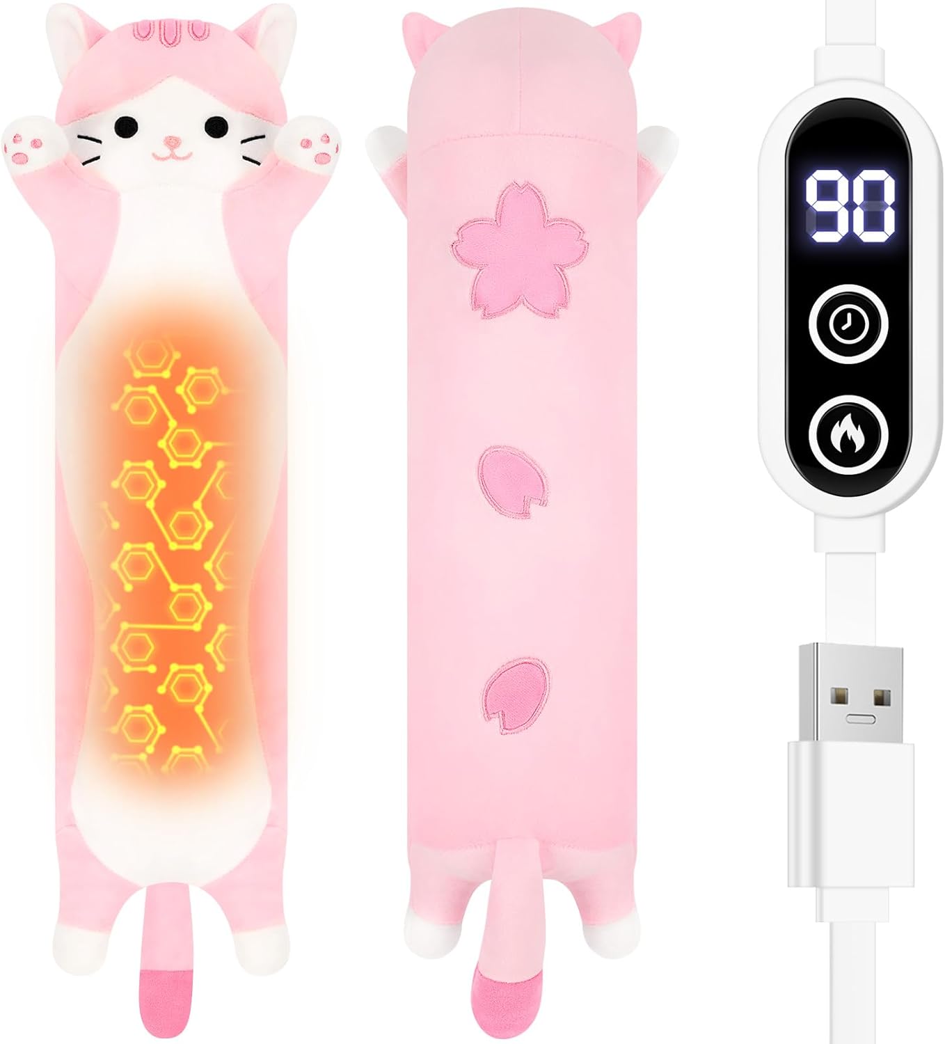 Sakura Cat Heating Pad-USB Heated Plush Stuffed Animals for Period Cramps and Menstrual Pain Relief,22” Portable Electric Kitten Heating Pads,Built-Pocket Plush Girls Birthday Gifts,Pink