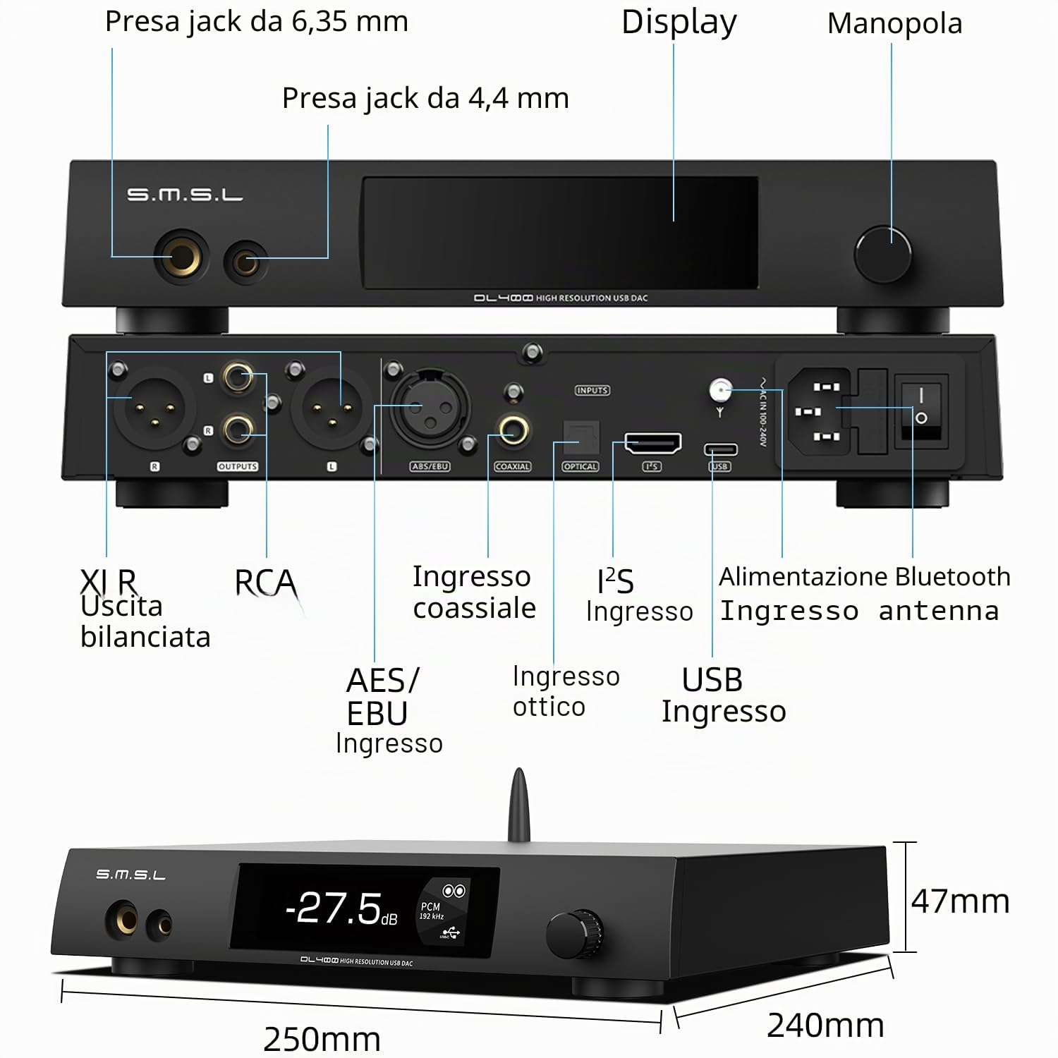 SMSL DL400 Audio Decoder amplificatore per cuffie 6,35 mm + 4,4 mm uscita cuffie XLR bilanciata uscita RCA I²S Audio Interface True Balanced Ear Amplifier 8 filtri