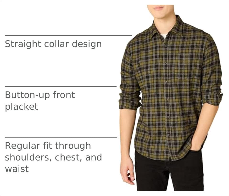 Image of Amazon Essentials Men's Regular Fit Long-Sleeve Flannel Shirt, Soft Brushed Cotton, Lightweight yet Warm