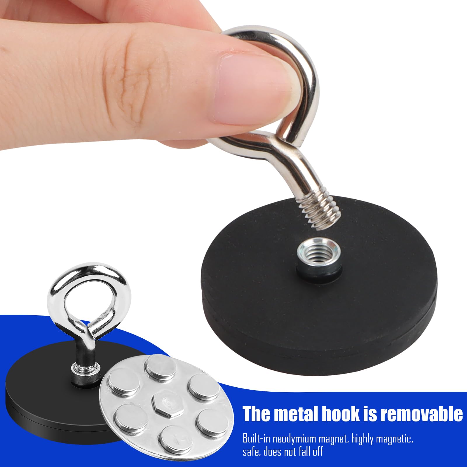 MTS Magnete - Magneti a vite al neodimio con gancio M6, gommati, 43 mm, con filettatura extra forte