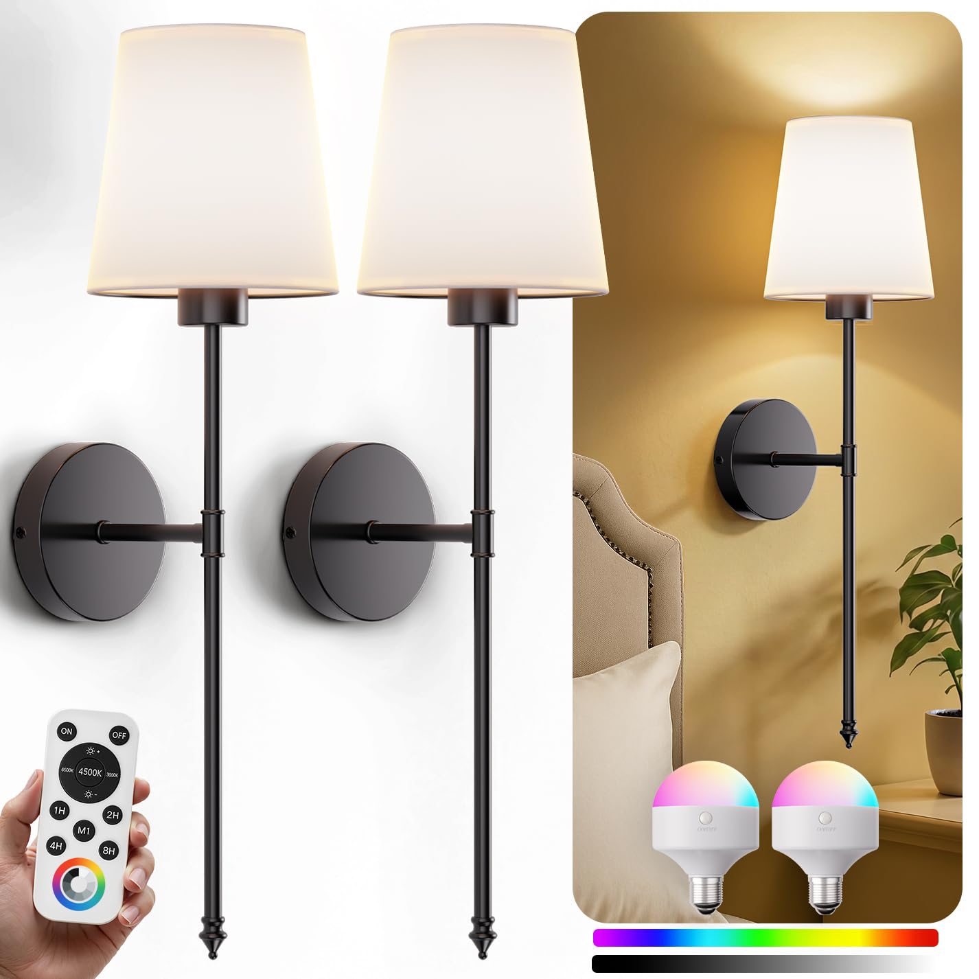 Wall Sconces Battery Operated Set of 2, Rechargeable Wall Sconce, 10 Colors Wireless Wall Sconces Set of Two, 5200mAh Dimmable Bulbs and Remote, for