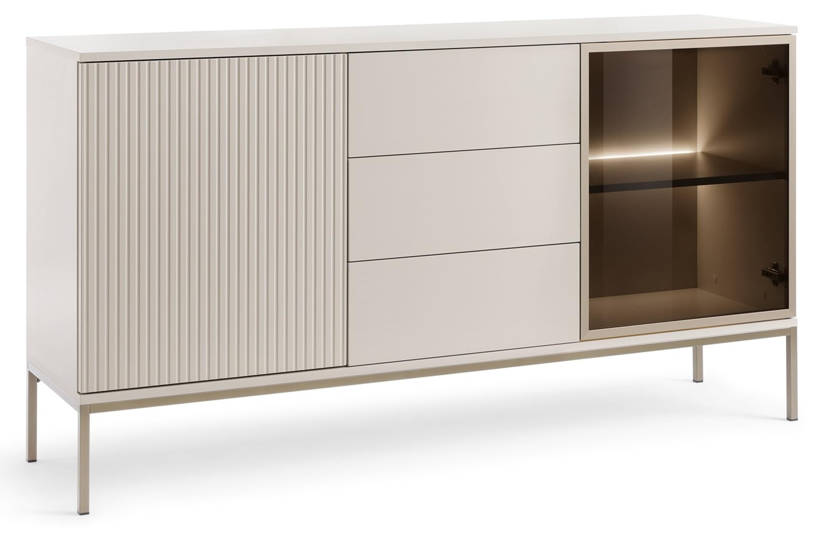 Daveno Kommode mit Lamellen, Beige, Wohnzimmer Kommode mit LED - Loft Stil, Sideboard 3-türig mit Schubladen - 154 cm breit