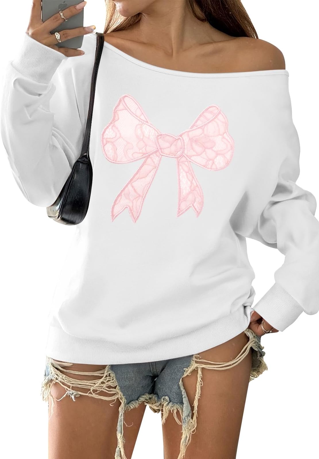Off the Shoulder Sweatshirt for Women Y2K Bow Graphic Pullover Tops Drop Shoulder Long Sleeve Cute Sweaters