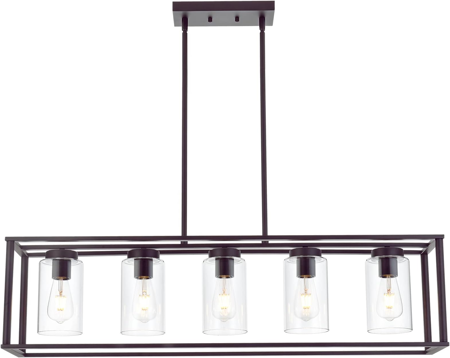 - 5-Light Kitchen Island Chandeliers Oil Rubbed Bronze Modern Linear Cage Pendant Lighting with Clear Glass Shades Farmhouse Ceiling Light Fixtures Hanging for Dining Room Living Room