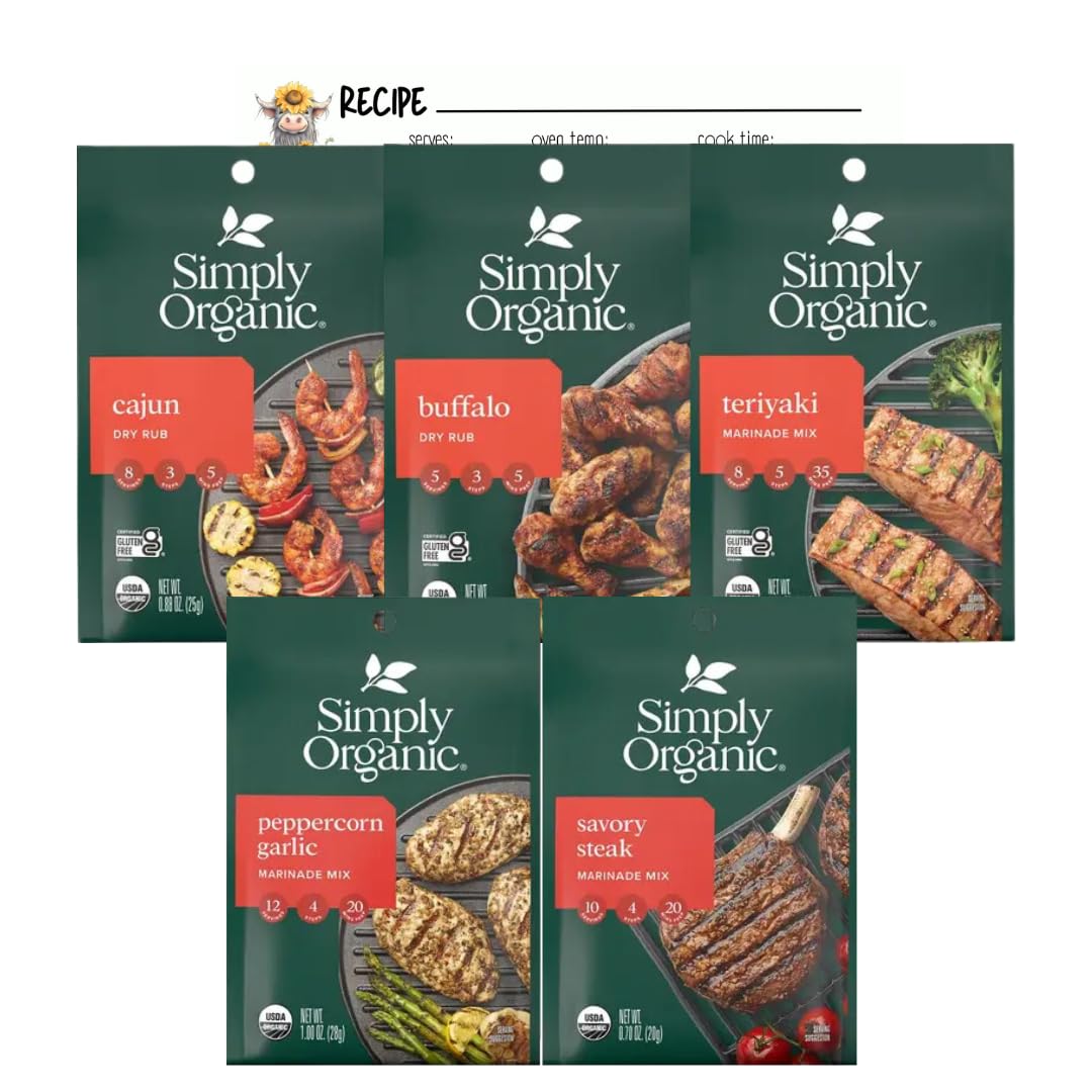 Simply Organic Dry Rub and Marinade Mix Variety Bundle packed by June Street Market | Cajun, Buffalo, Teriyaki, Peppercorn Garlic, Savory Steak | with blank June Street Market Recipe Card