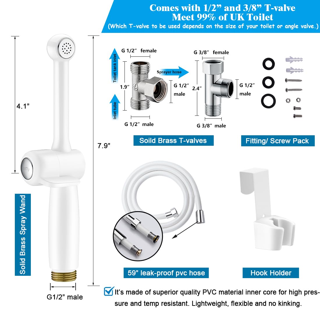 SonTiy - Doccetta per bidet con tubo flessibile, in ottone da 7,9", con pressione regolabile G1/2" e G3/8", valvola di commutazione per WC, igiene personale, pannolino doccia, bagno per animali