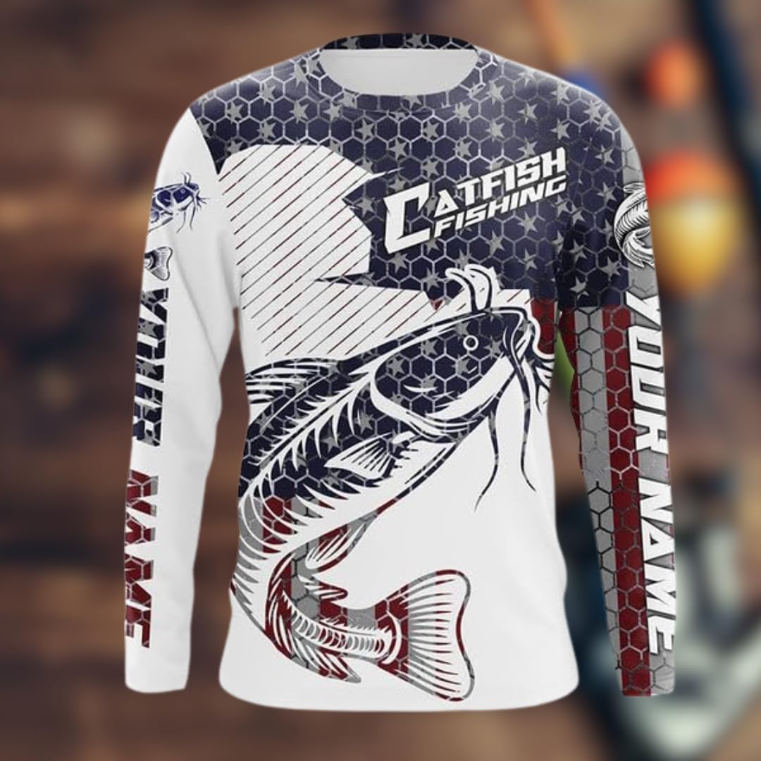 Personalized Catfish Fishing Long Sleeve Shirts, Men Catfish Fishing Jerseys, US Flag Catfishs Fish Shirt, Camo Catfish Hooded Long Sleeve Shirt, Fishermen Gifts for Husband Dad
