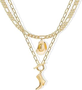 Cowboy Hat Boot Pendant Necklace for Women Layer Dainty Western Cowgirl Hat Boots Charms Chain Necklace Shell Necklaces Summer Seashell Beach 18k Starfish Surfer Jewelry Gift