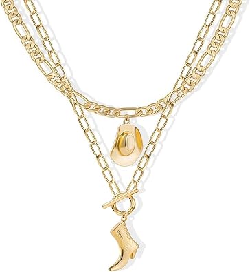 Cowboy Hat Boot Pendant Necklace for Women Layer Dainty Western Cowgirl Hat Boots Chain Gold Charm Necklace Shell Necklaces Summer Seashell Beach Surfer Jewelry Gift