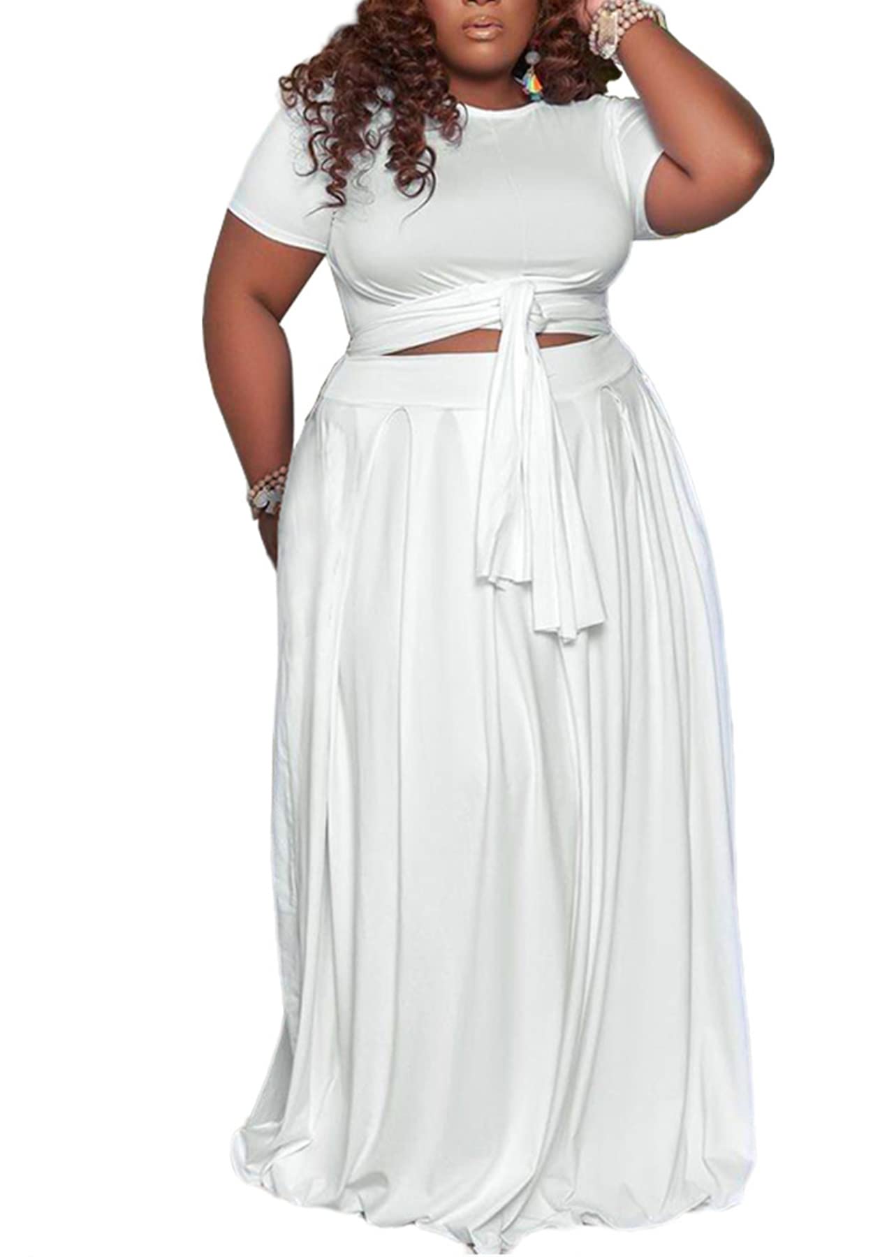 Sexy Women Plus Size 2 Piece Dress Outfits Short Sleeve Bandage Wrap Empire Tops and Skirt Sets-image-20