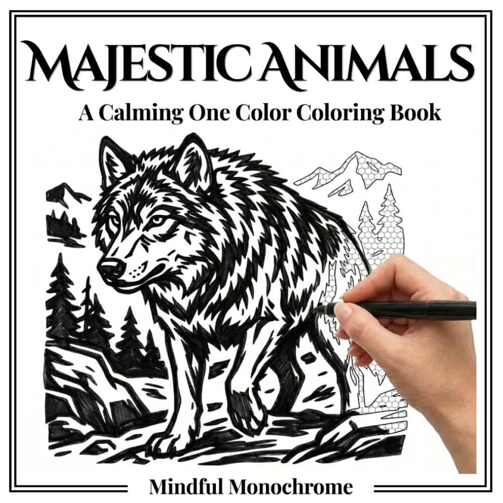 Mindful Monochrome Majestic Animals: A Calming One Color Adult Coloring Book with 50 Majestic Wildlife Illustrations for Stress Relief and Relaxation