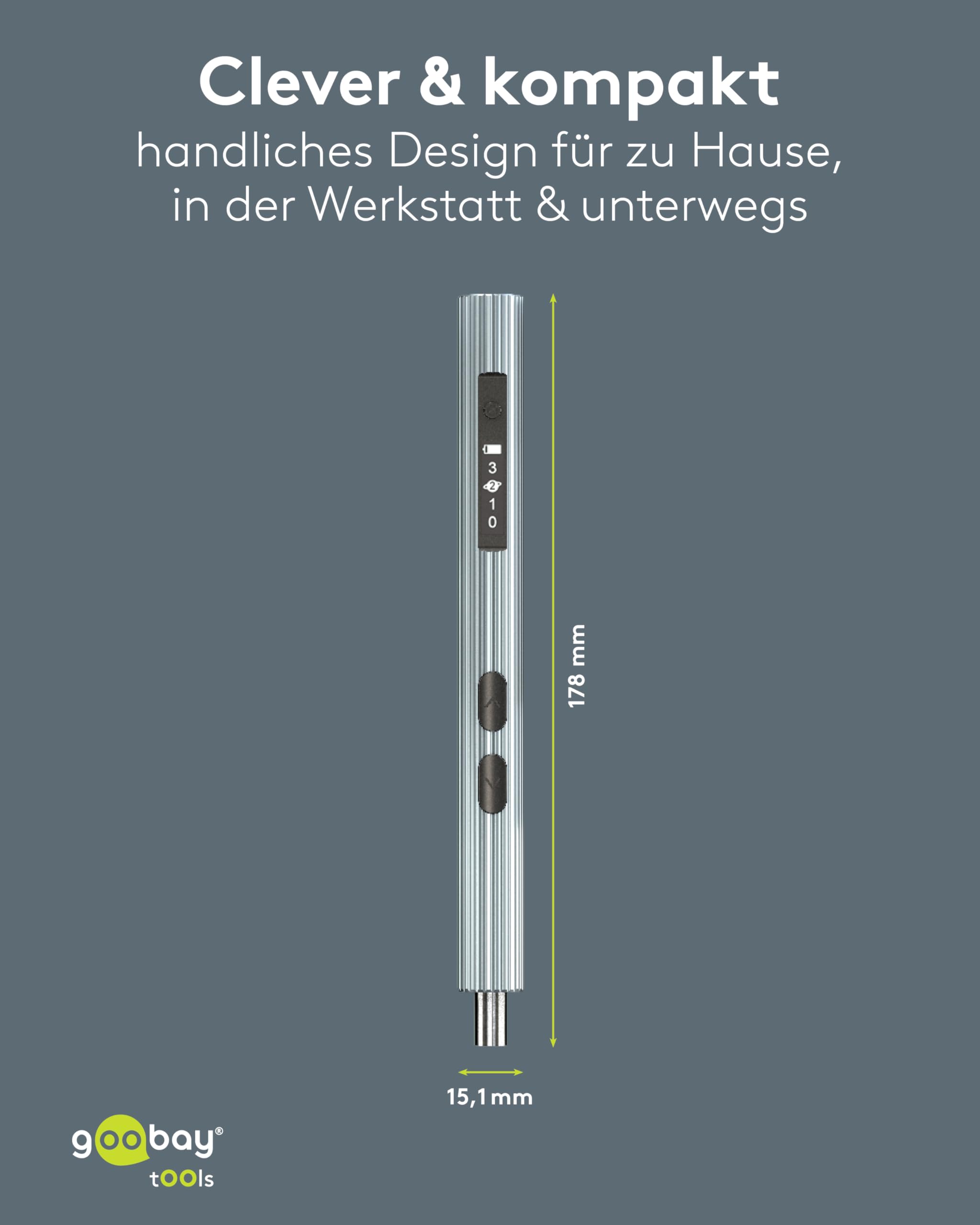 goobay Elektrischer Akkuschraubendreher 58in1 mit 50 Präzisions-Bits, magnetischem Aluminium-Case, 3 Drehmomentstufen, LED-Licht, USB-C-Ladung, Werkzeug-Set für Elektronik, Smartphone & PC