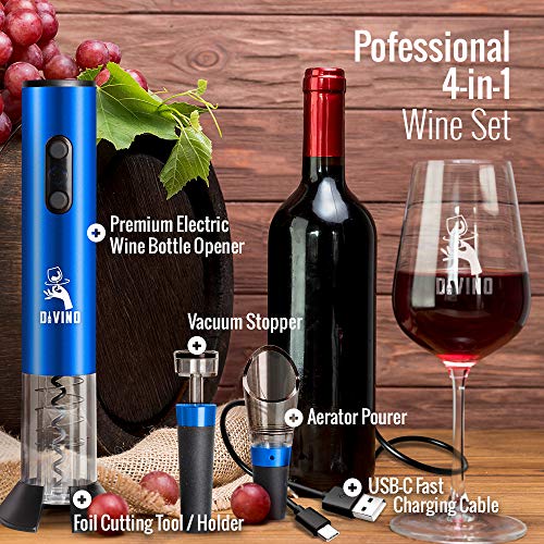 Rechargeable Electric Wine Opener Set – Automatic Wine Opener Electric Corkscrew, Rechargeable Wine Opener & Cordless Electric Wine Bottle Opener W/Foil Cutter, Vacuum Stopper & Aerator, Wine Gift Set #TOP1