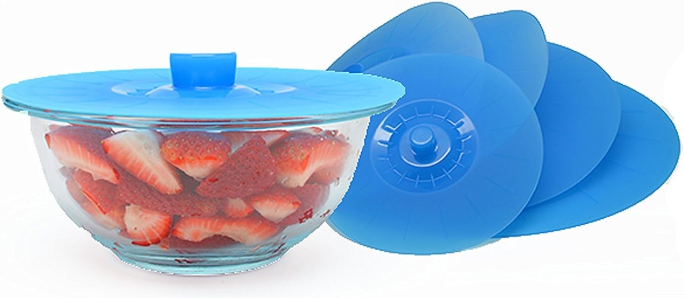 Happy Gourmet Set of 5 Kitchenware Silicone Suction Lids and Food Covers, Blue