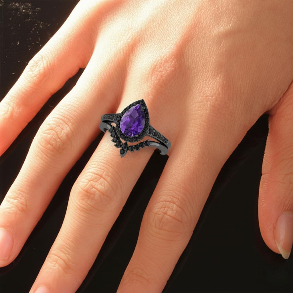 3.0 ctw Black Wedding Ring Set For Women, AAAA Quality Pear Shaped Onyx/Opal/Garnet/Alexandrite Bridal Wedding Band Two-In-One Halo Engagement Rings, Jewelry Gifts for Anniversary Birthday