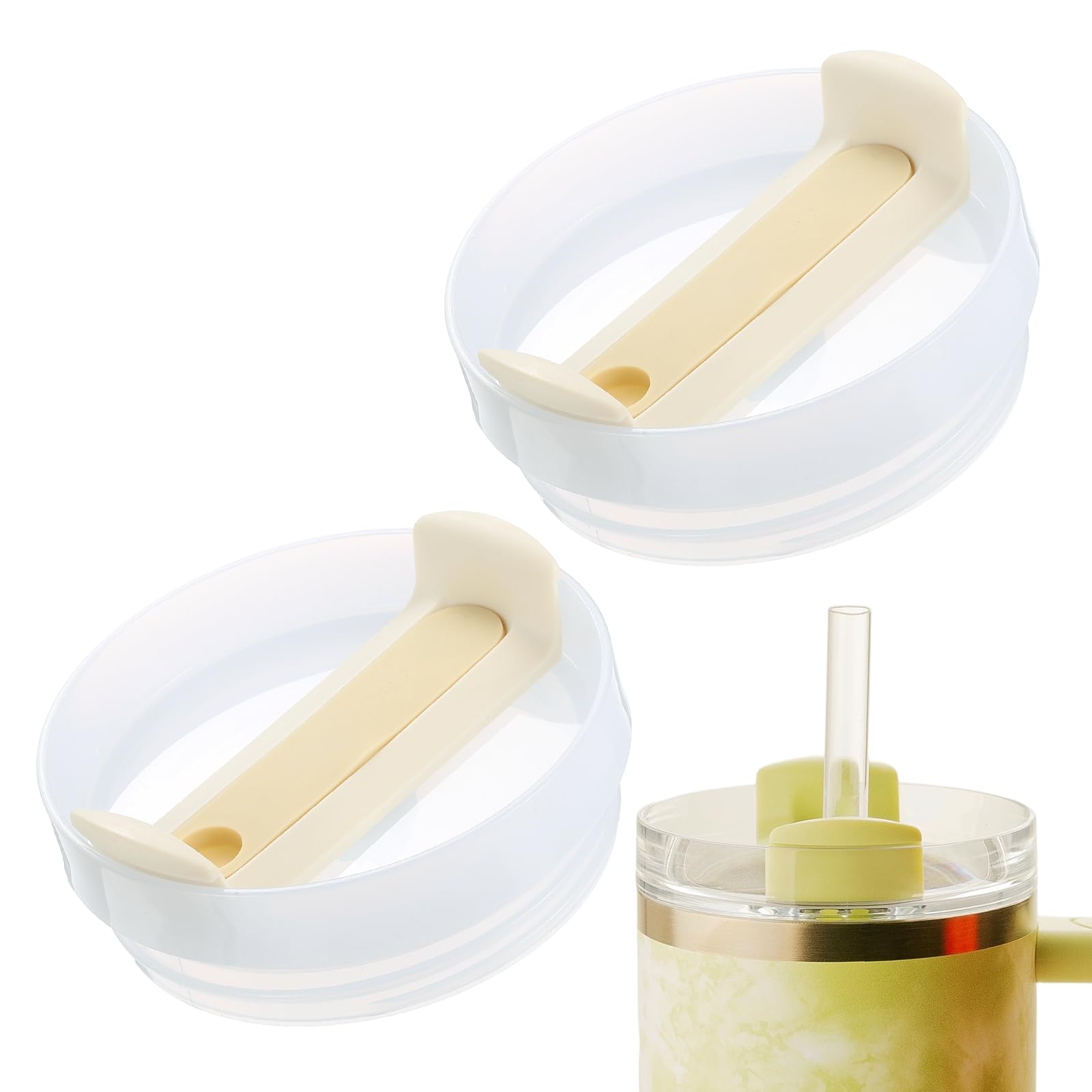 sourcing map 2Pcs Tumblers Lids Replacement, 40 oz Travel Tumbler Lid for Stanley Cup Coffee Mugs, Spill Proof Splash Resistant (Beige, Milk White Main Body)