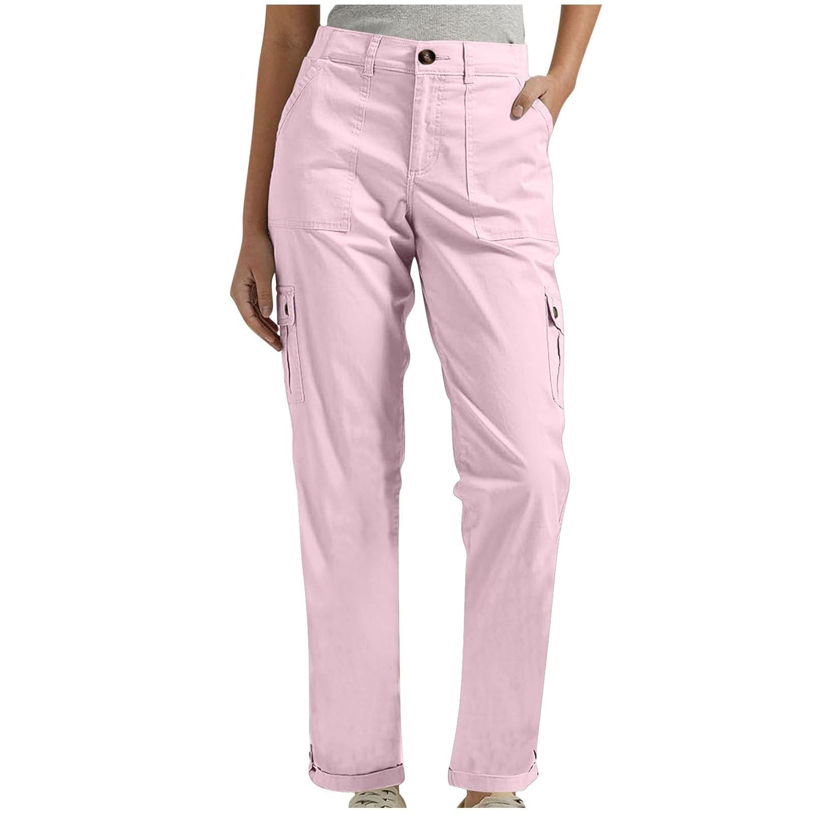 Pantaloni cargo da donna, tinta unita, gamba dritta, elastico in vita