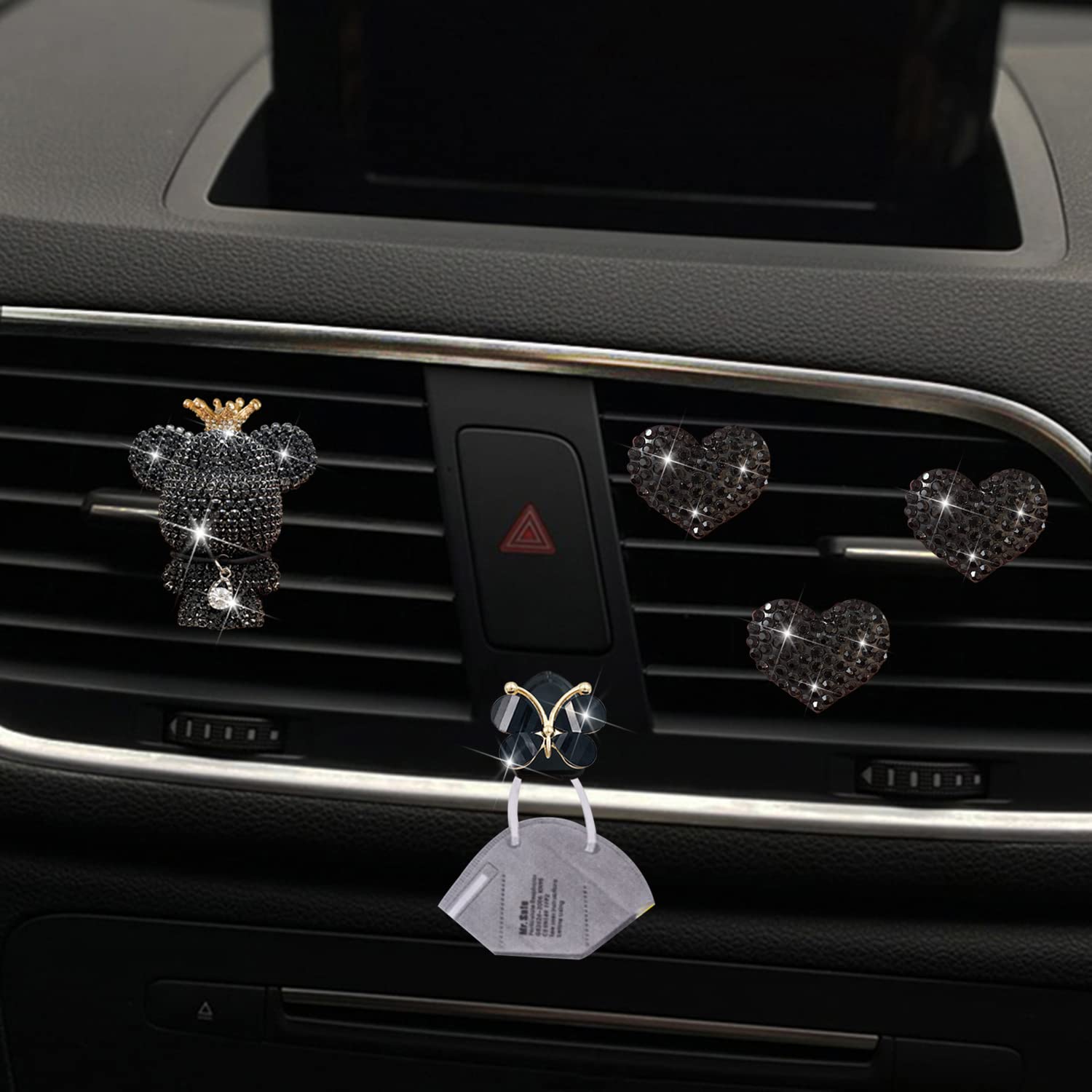 Lot de 4 désodorisants noirs en forme de cœur et d'ours pour grille d'aération de voiture - Diffuseur de voiture en diamant - Accessoire de voiture mignon - Décoration de voiture pour femme + crochet